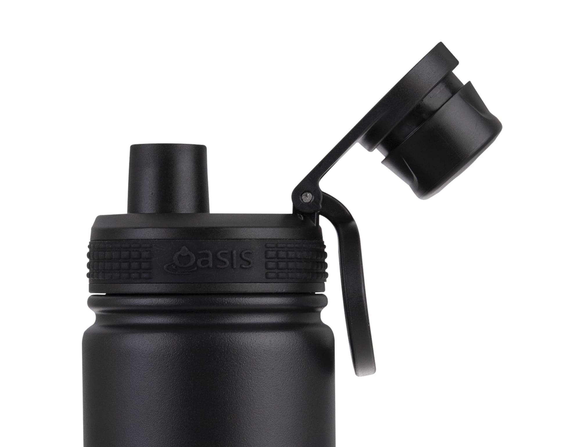 A drink bottle in black with a screw cap and flip top, featuring a handle and a logo.