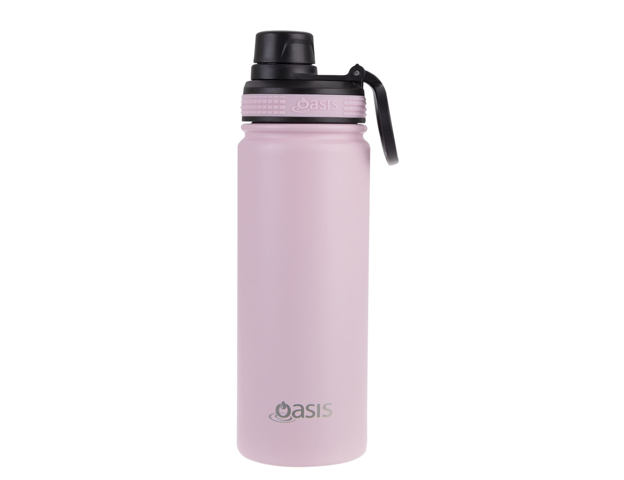 A drink bottle in pink with a screw cap and a black handle, featuring a logo.