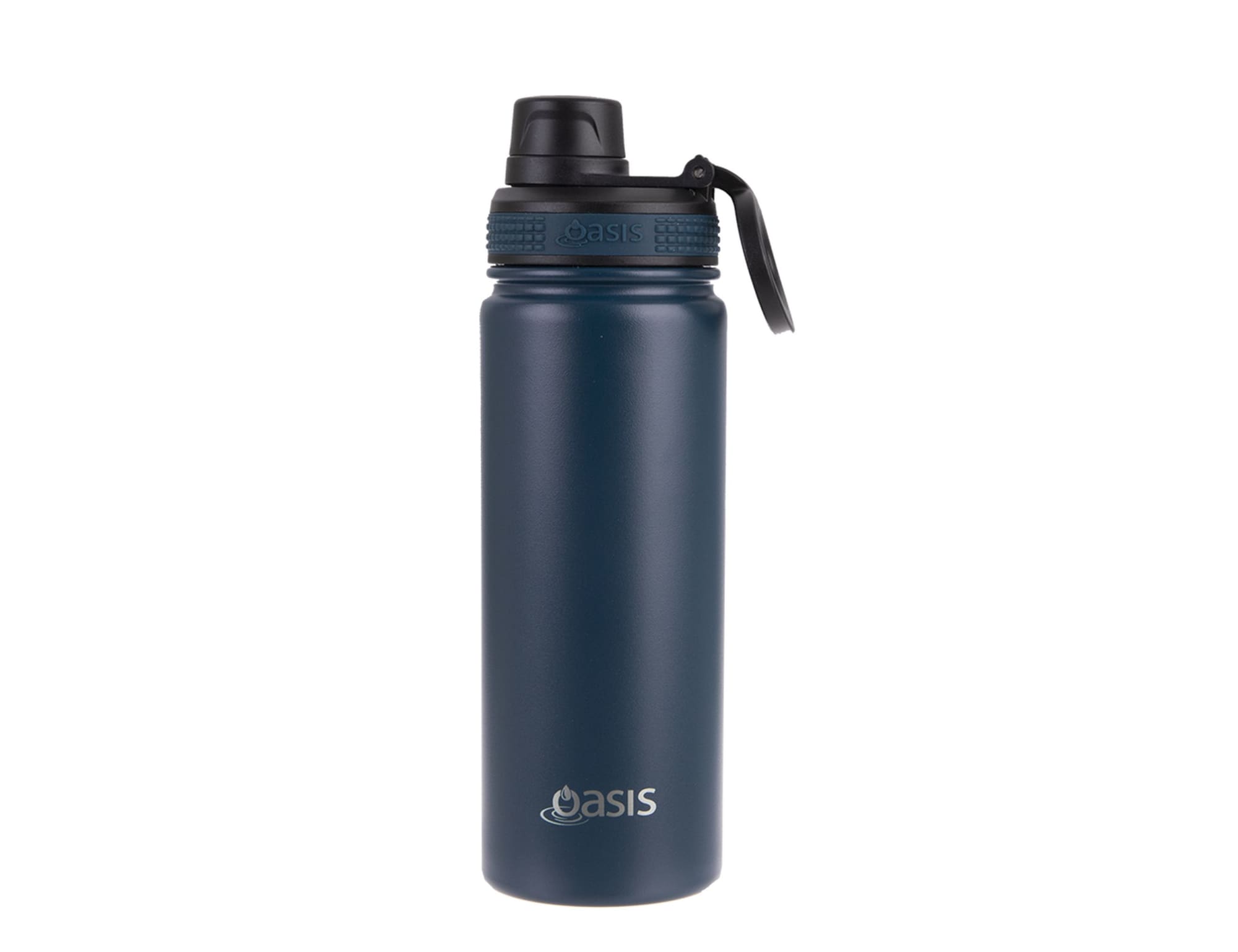 A drink bottle featuring a vacuum design, 550ml capacity, screw cap, and a matte navy finish. It has a logo.