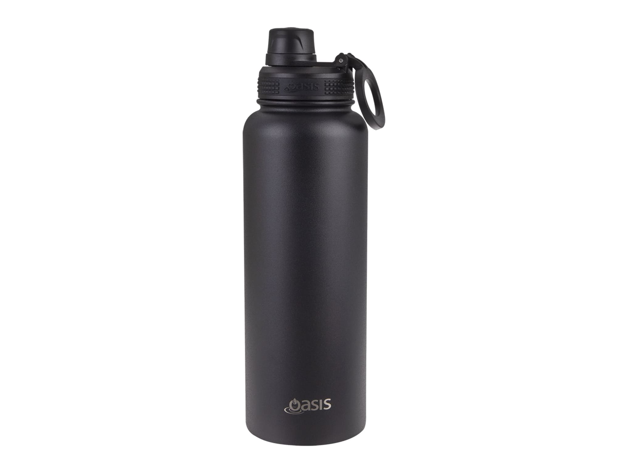 A drink bottle in matte black featuring a screw cap and a loop for easy carrying, with a logo on the side.