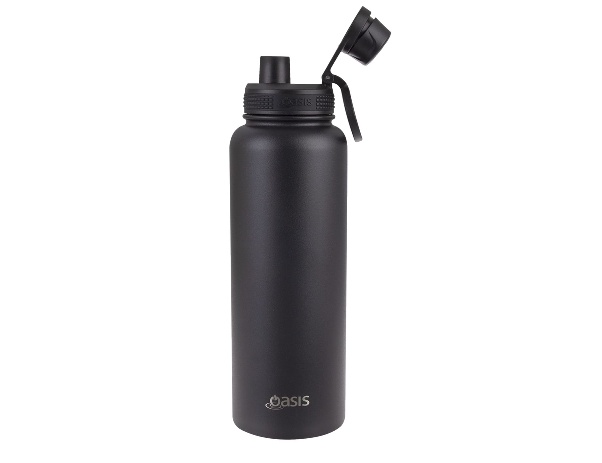 A drink bottle in matte black with a screw cap and a flip-top nozzle. It features a logo on the side.