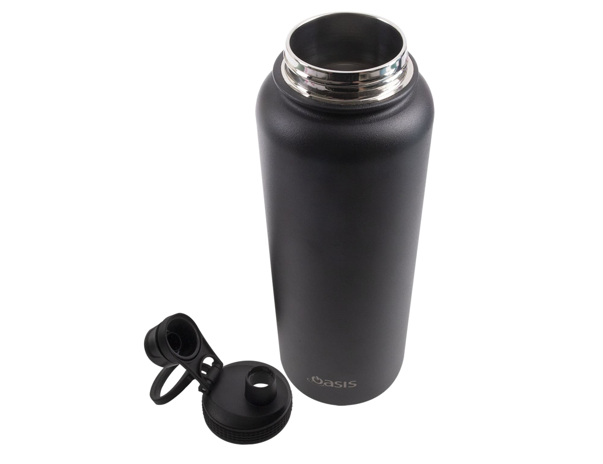 A drink bottle in matte black with a stainless steel opening and a separate screw cap lid featuring a spout.