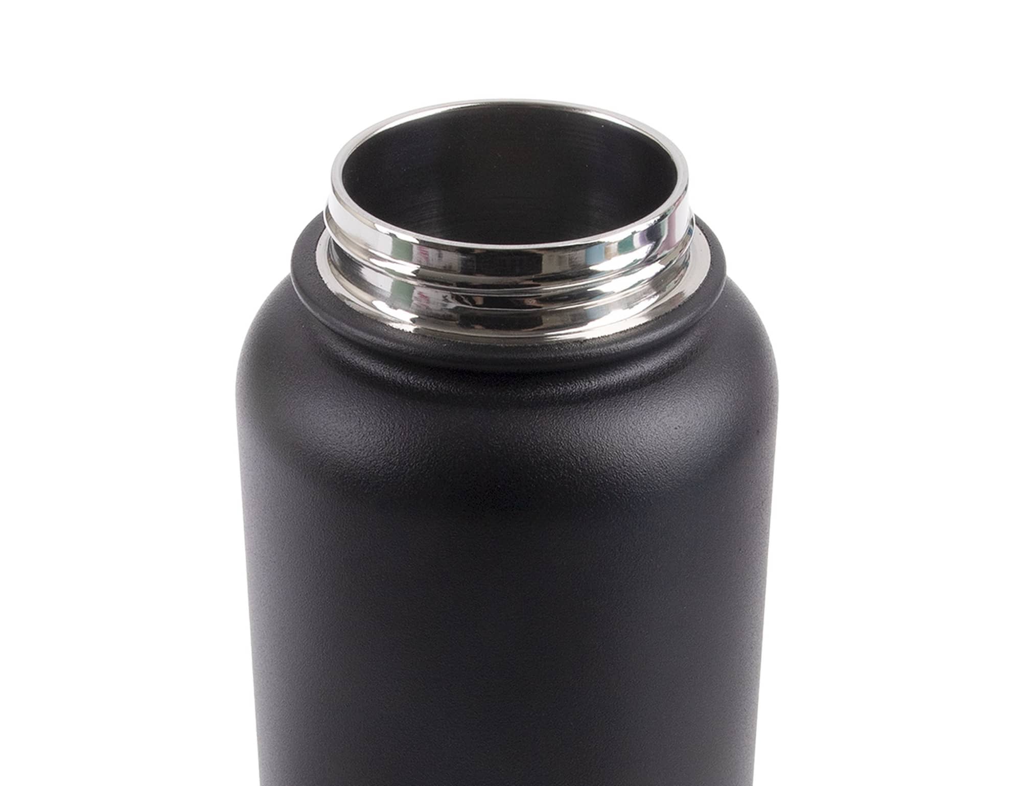 A drink bottle with a sleek black matte finish and a stainless steel screw cap opening. It features a logo.