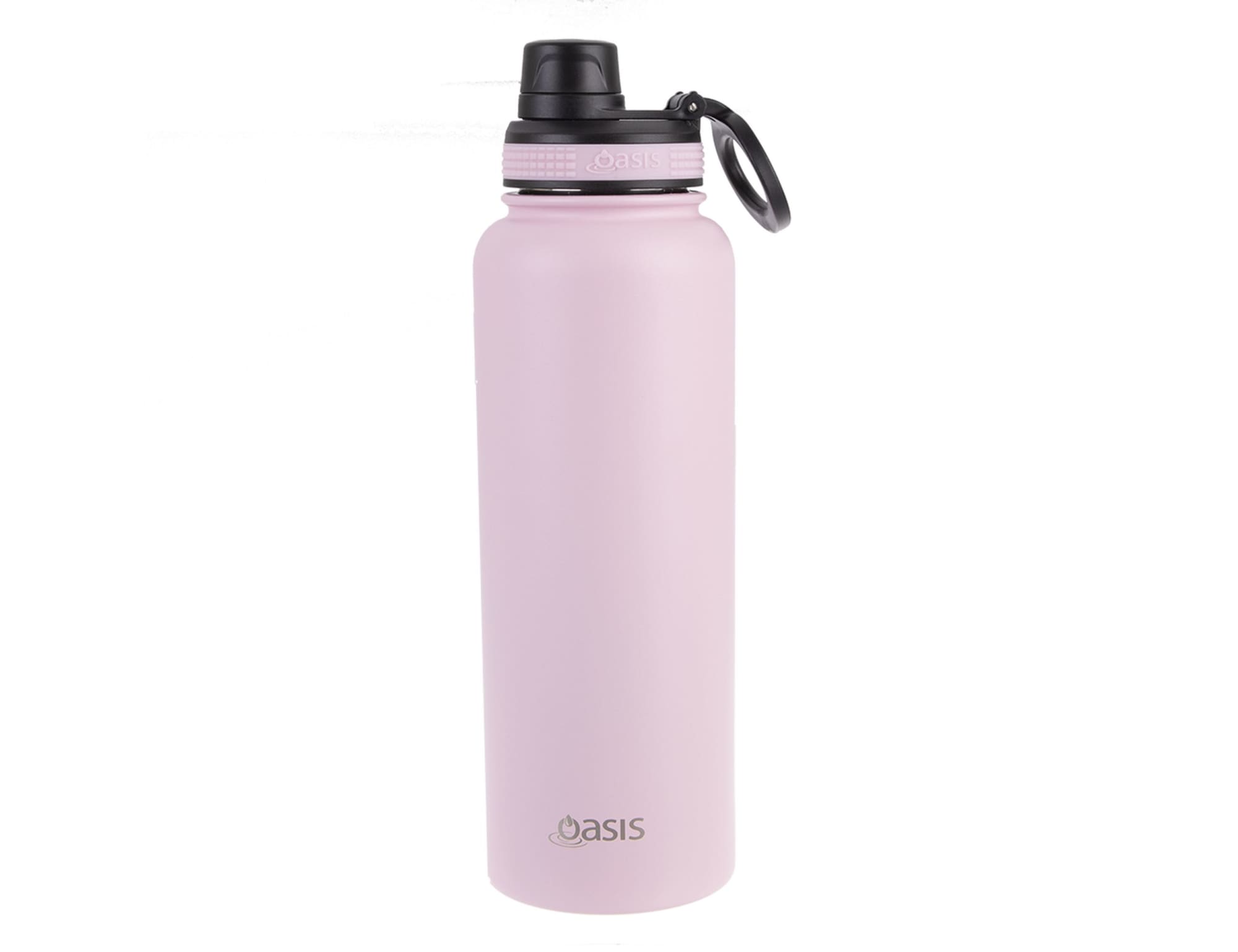 A drink bottle in pastel pink with a black screw cap and a logo near the base.