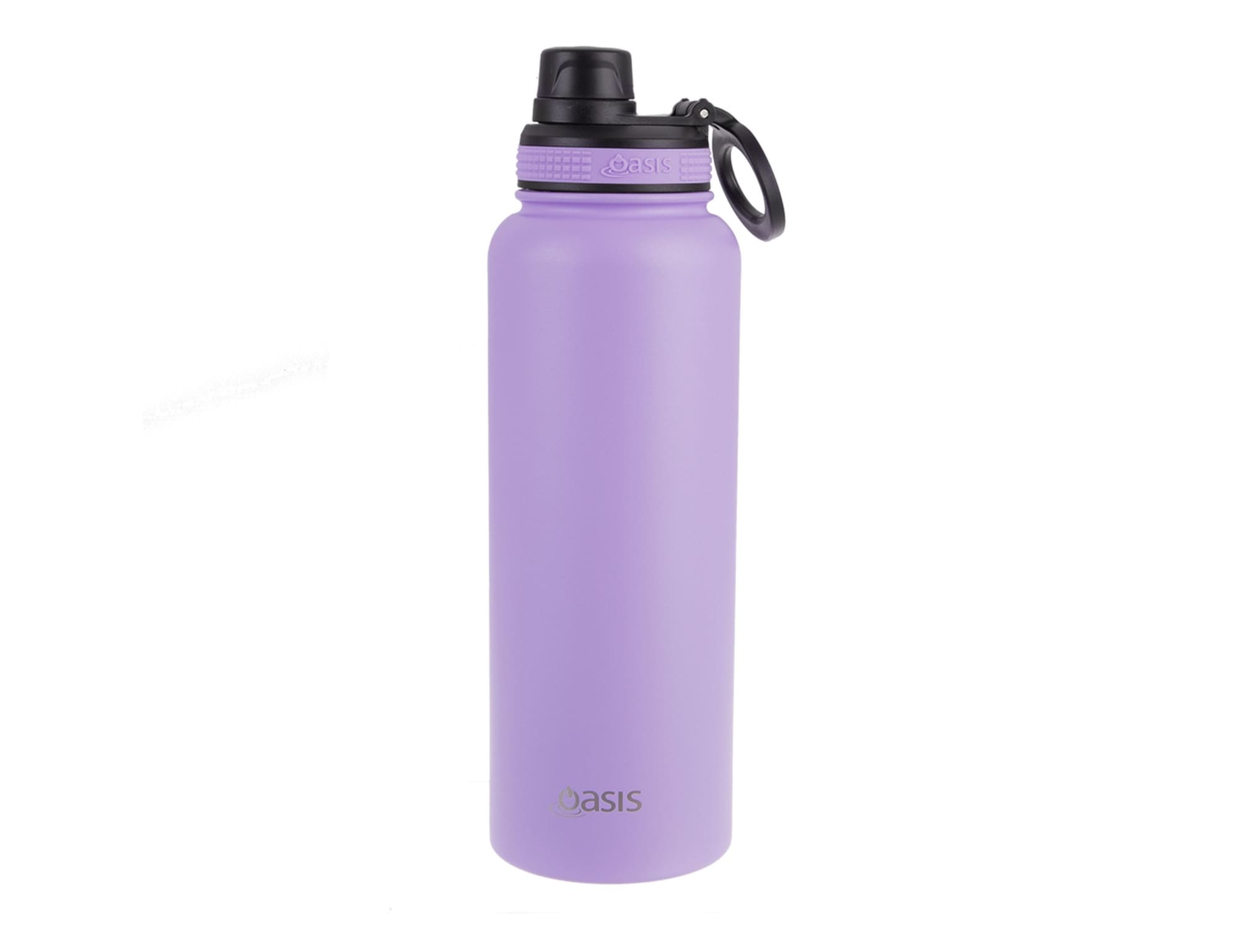 A drink bottle in lavender featuring a screw cap and a black carrying loop. It has a sleek design with a logo.
