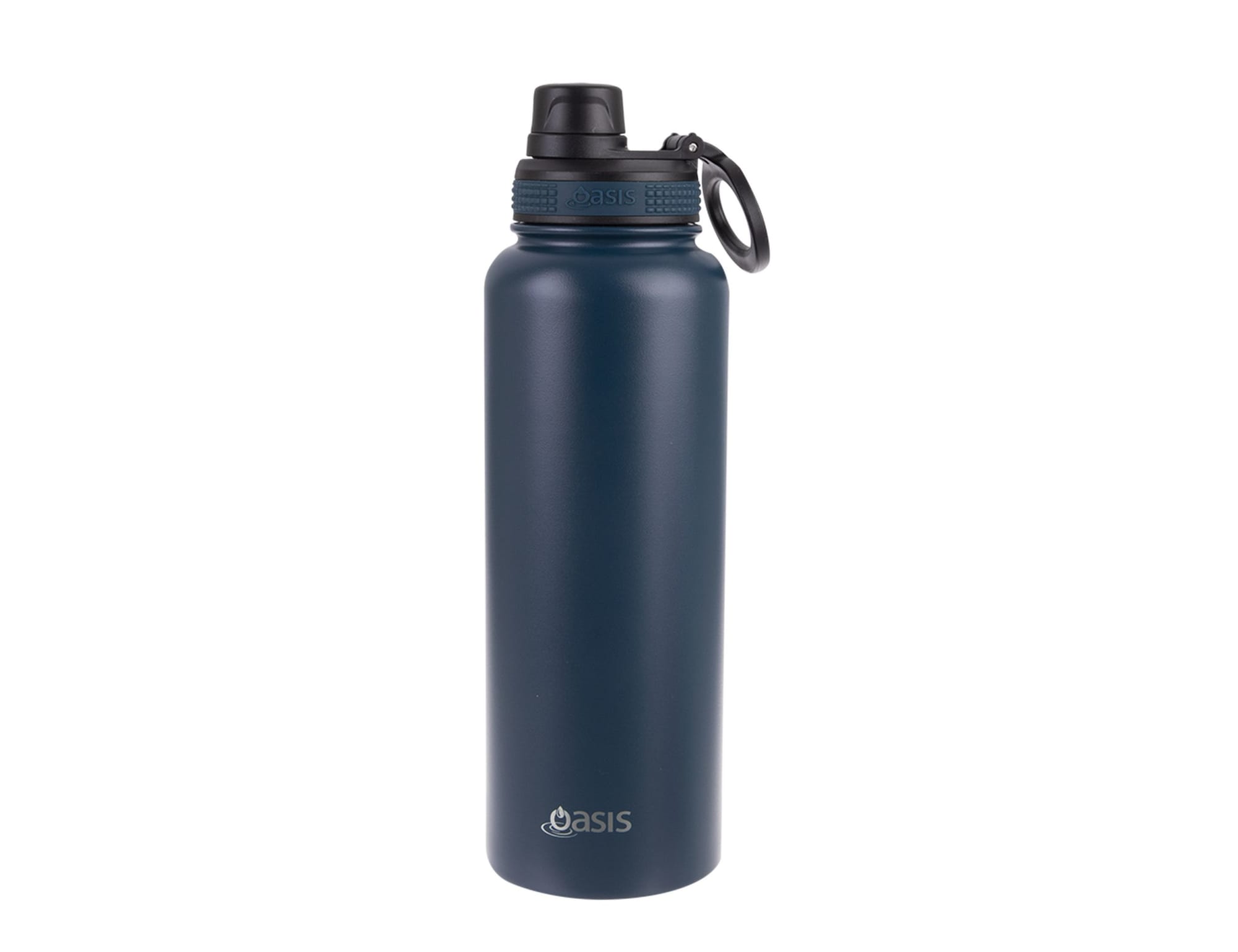 A drink bottle in dark blue with a screw cap and a logo. Designed for sports use.