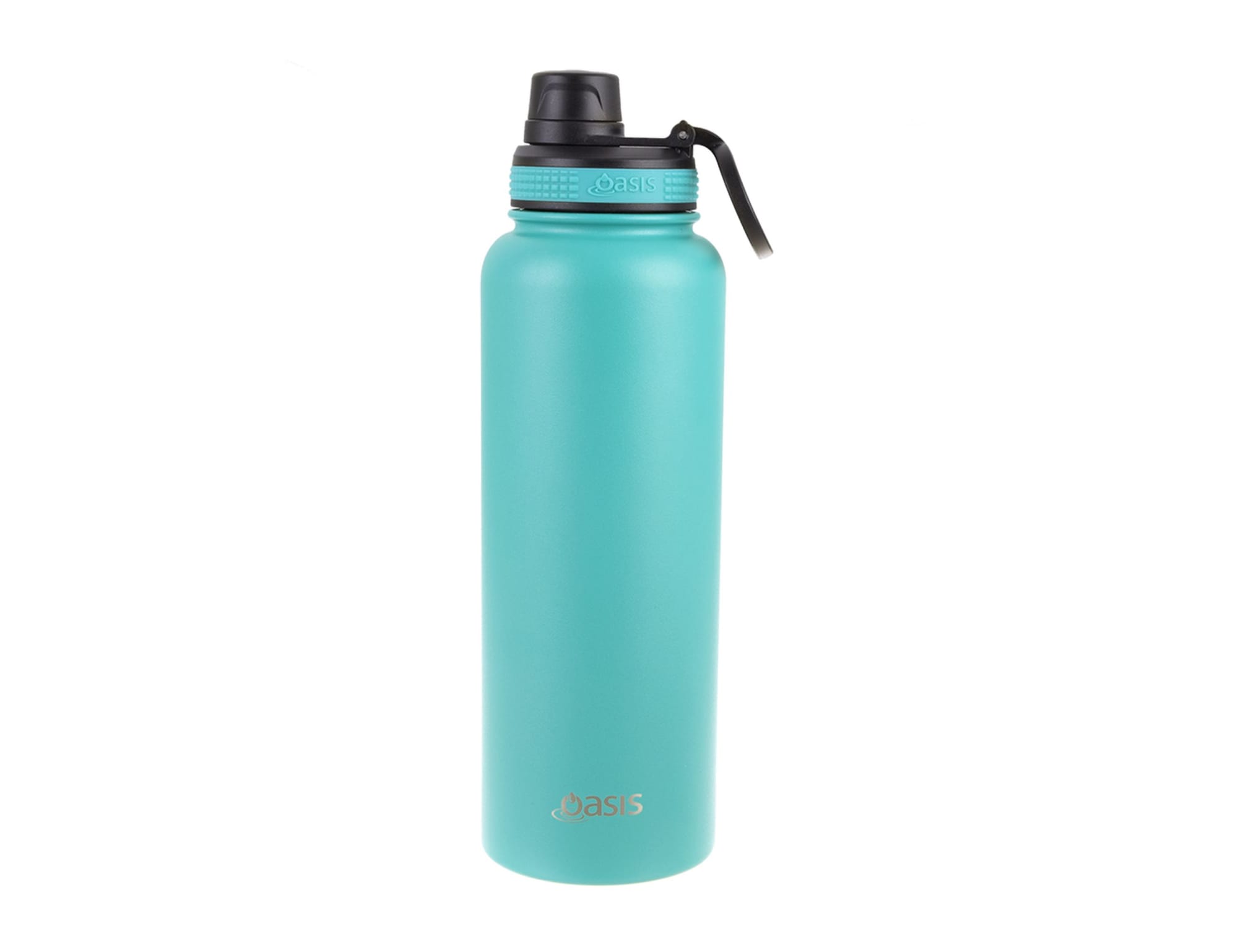 A drink bottle with a turquoise finish, featuring a screw cap and a handle. It has a logo on the side.