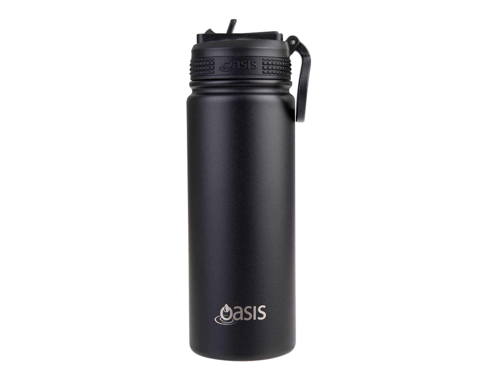 A drink bottle featuring a black matte finish, a sipper spout, and a secure cap, with a logo on the body.
