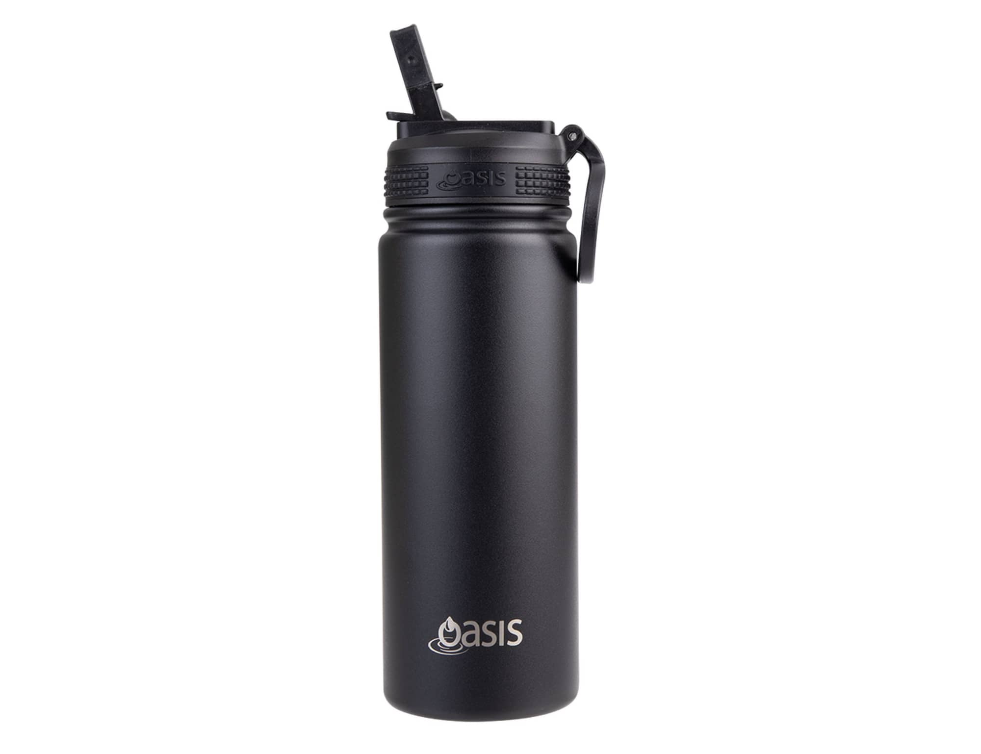 A drink bottle in matte black with a spout and a handle, featuring a logo on the side.
