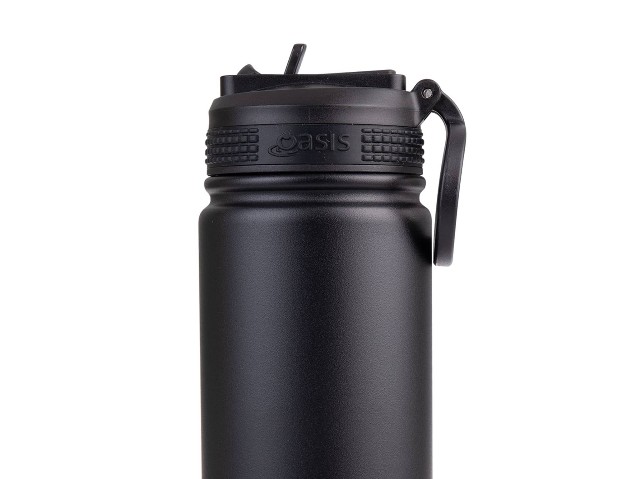 A drink bottle in matte black with a spout and handle, featuring a logo on the side.