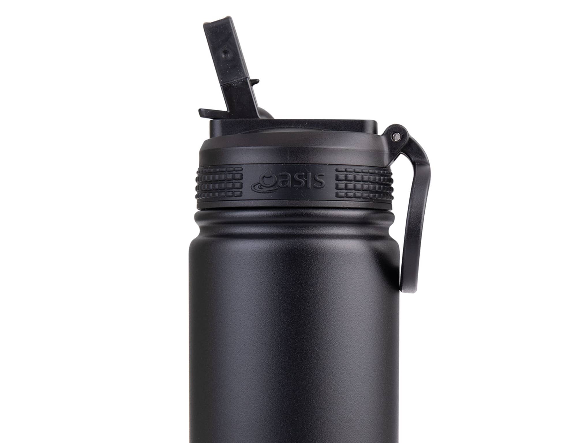 A drink bottle in matte black with a spout and a carrying handle; features a logo on the side.