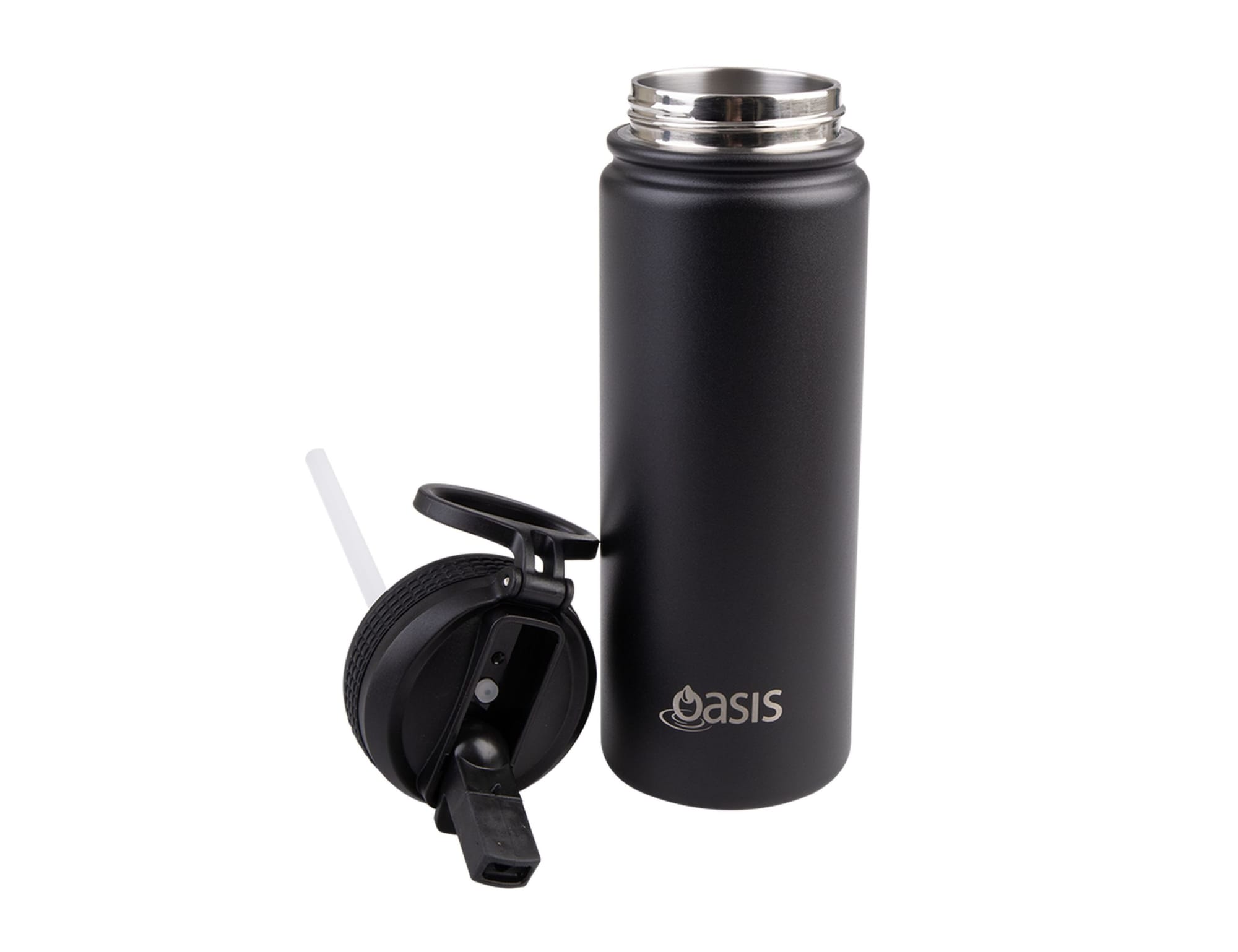 A drink bottle in black with a vacuum-insulated body and a detachable spout lid. Features a logo.