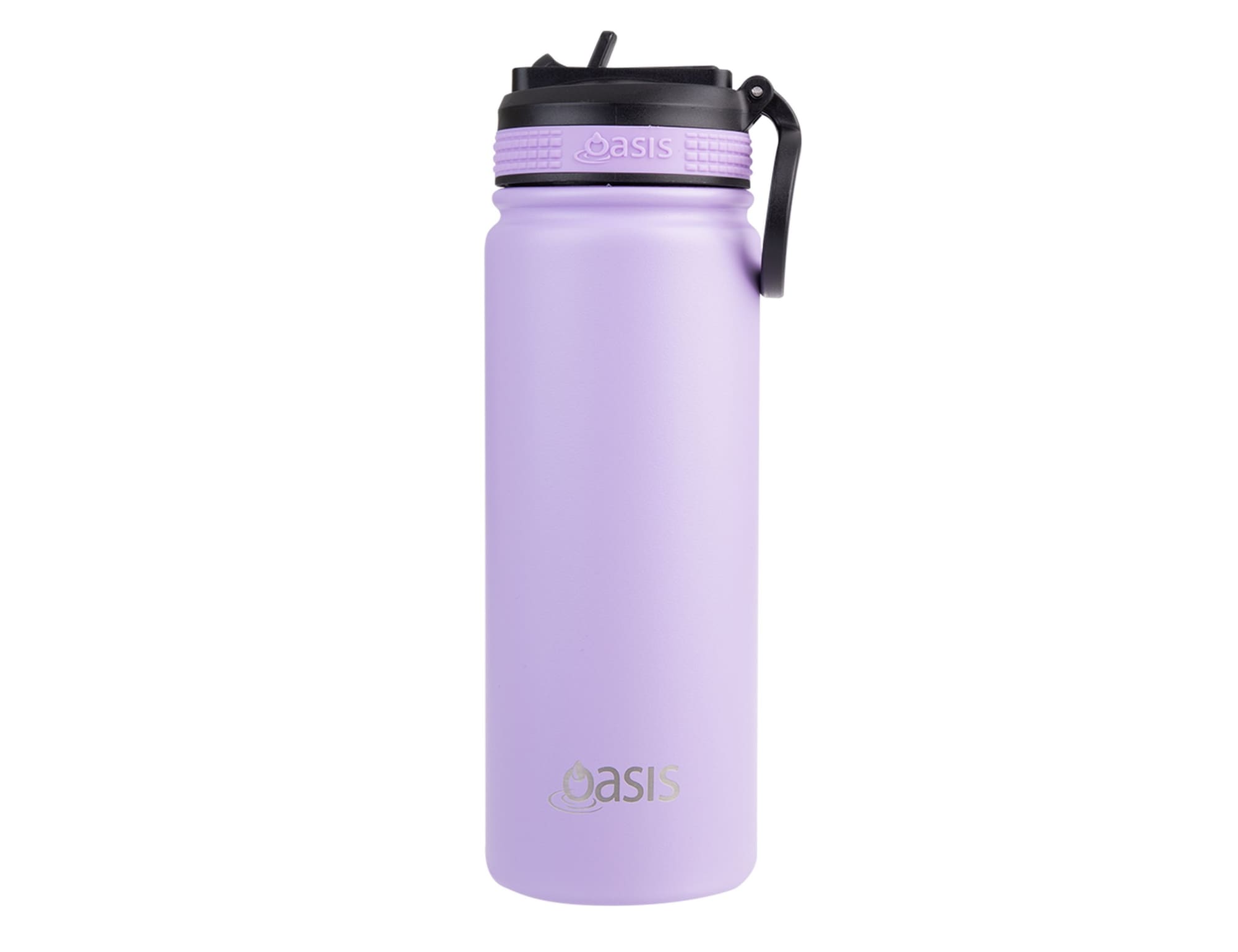 A drink bottle in lavender colour with a spout and a black lid, featuring a logo.