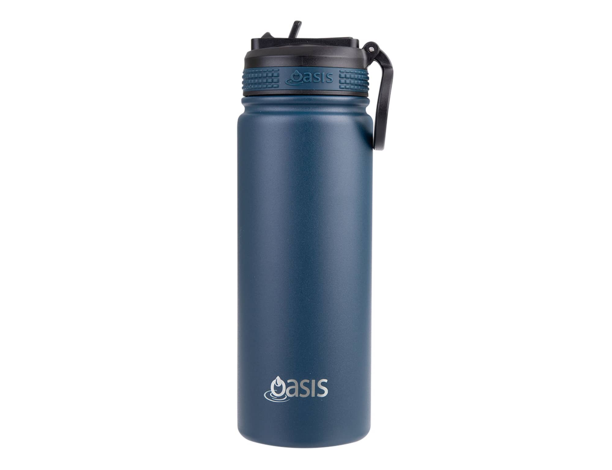 A drink bottle in navy blue with a spout lid and a carry handle, featuring a logo.