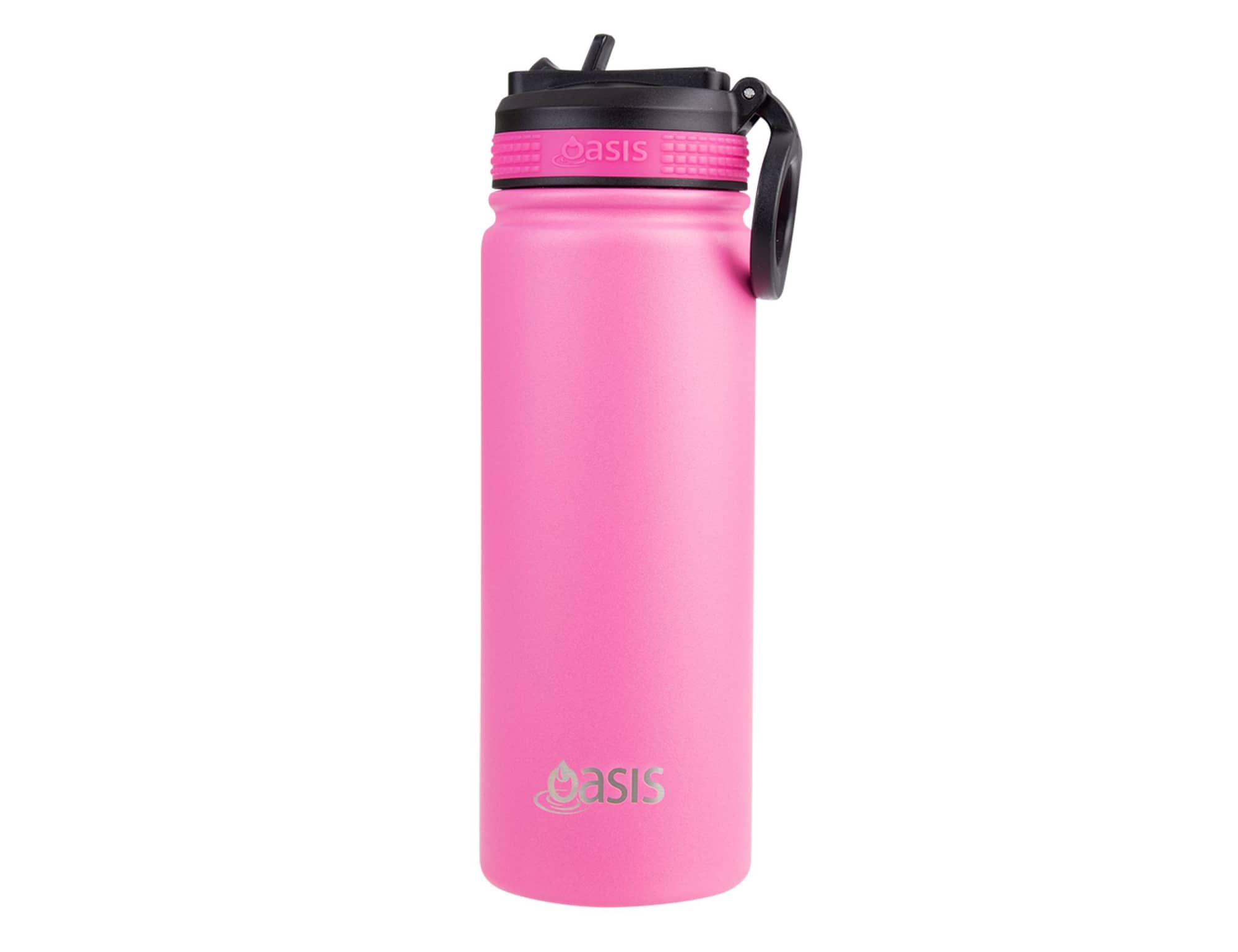 A drink bottle in bright pink with a black spout and handle, featuring a logo on the side.