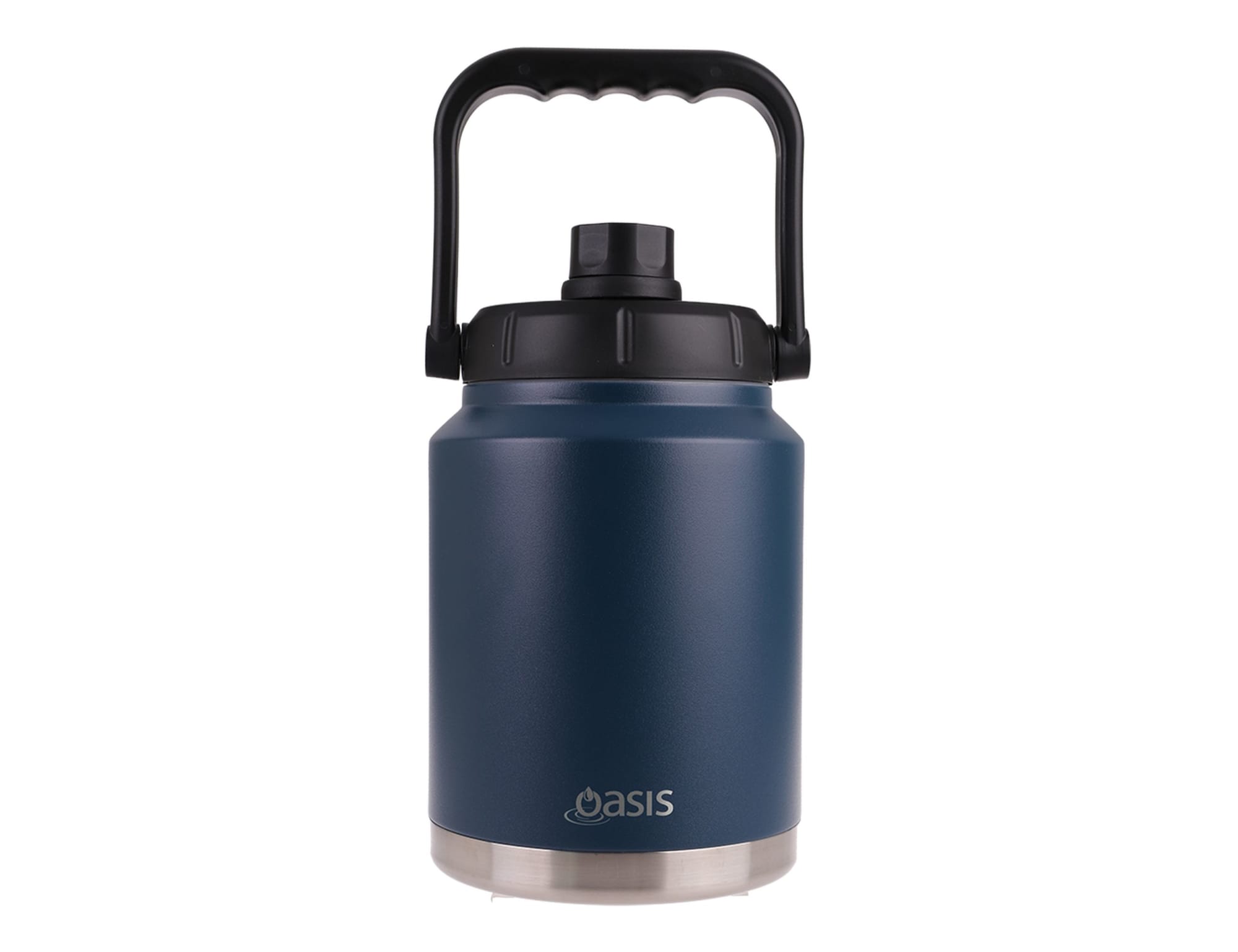 A drink bottle with a dark blue body and a black lid features a sturdy carry handle and branding.