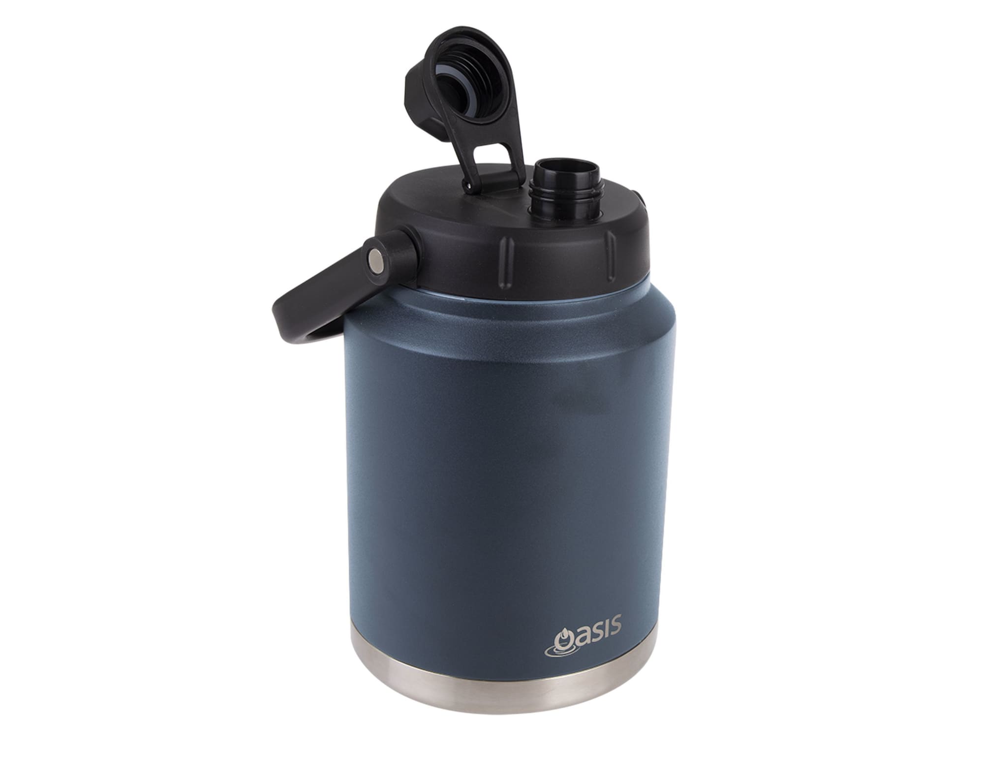 A drink bottle with a dark blue body and stainless steel base, featuring a black carry handle and lid.