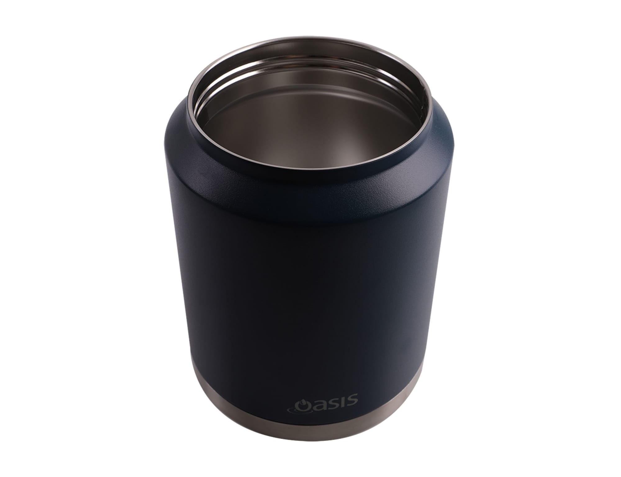 A drink bottle in navy blue with a stainless steel base and a carry handle. It features a logo on the side.