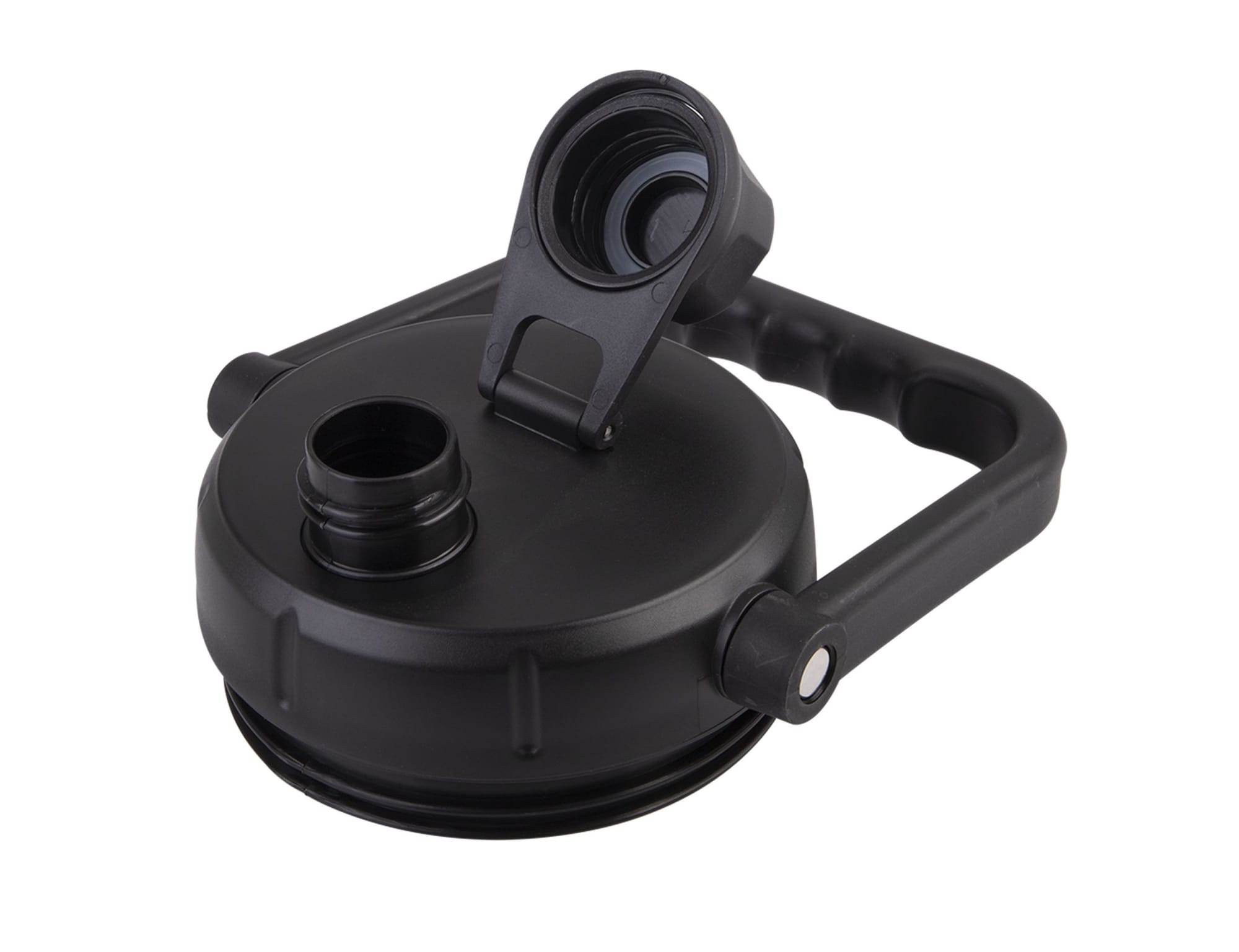 A drink bottle in black with a wide mouth, a carry handle, and a secure lid featuring a logo.