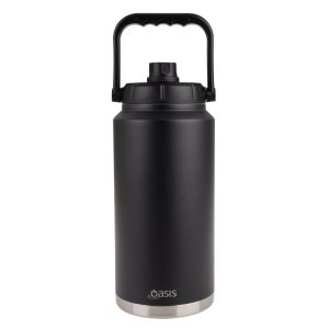 A drink bottle with a black exterior and stainless steel base, featuring a carry handle and a black lid.