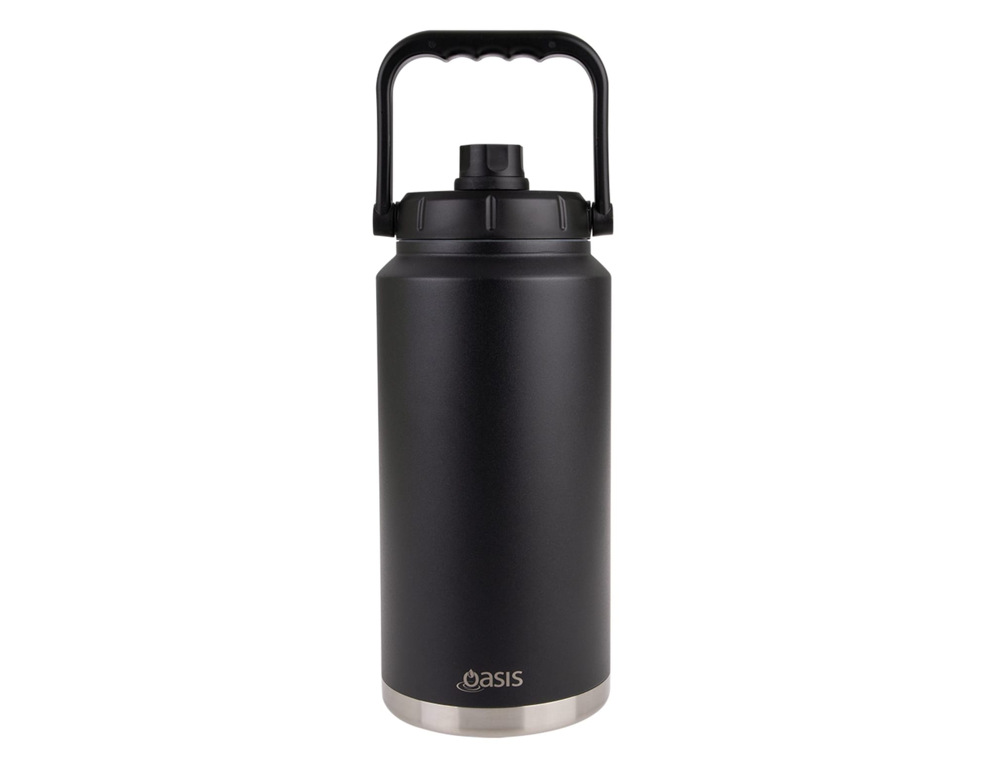 A drink bottle with a black exterior and stainless steel base, featuring a carry handle and a black lid.