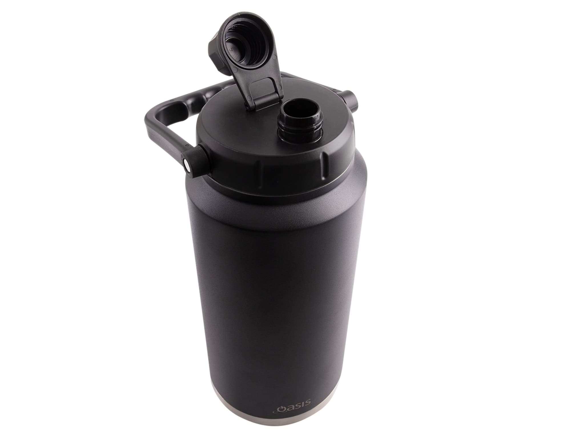 A drink bottle in matte black with a vacuum-insulated design and a carry handle. It features a screw-on lid and spout.