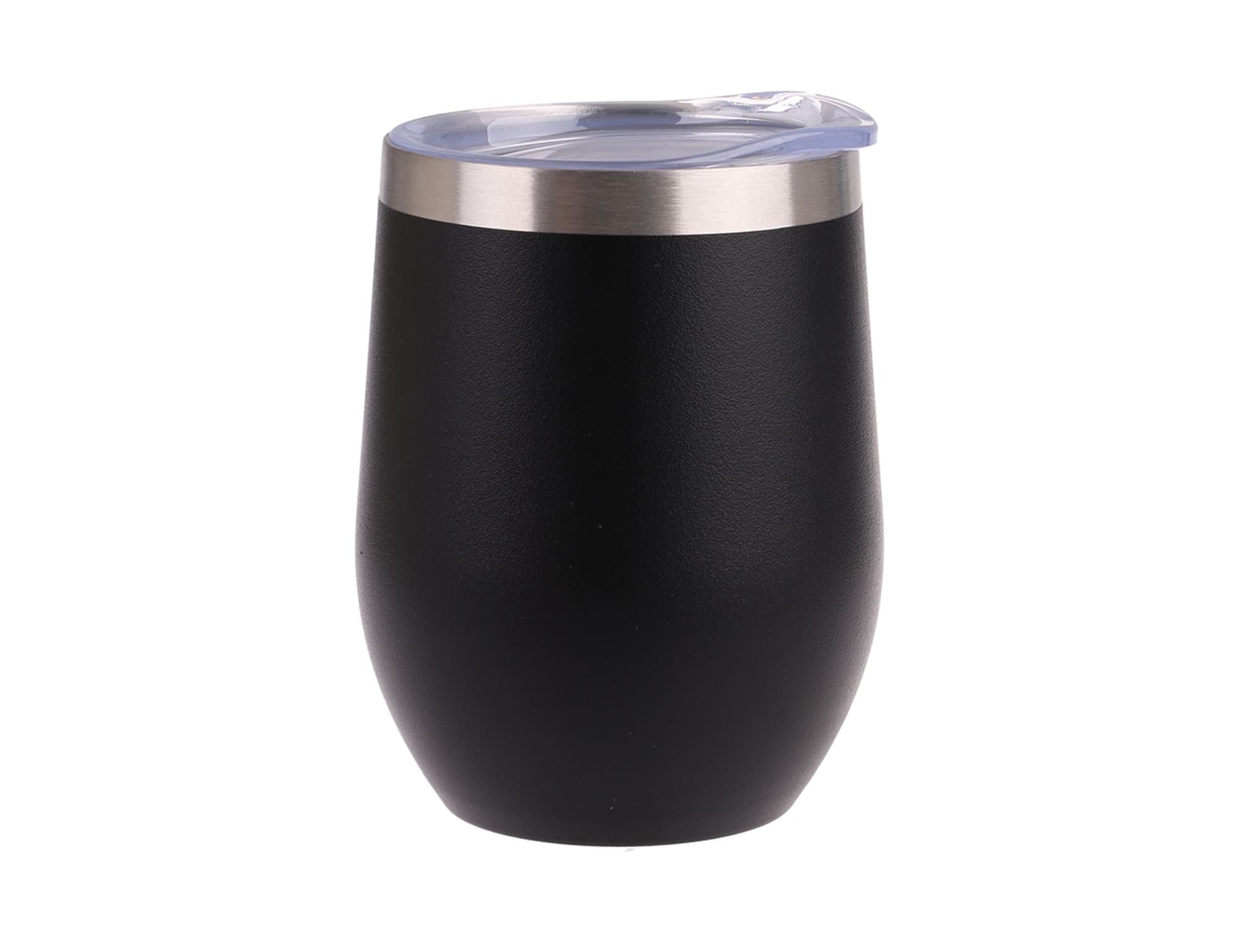 A drink tumbler in matte black with a stainless steel rim and a clear lid, featuring a logo.