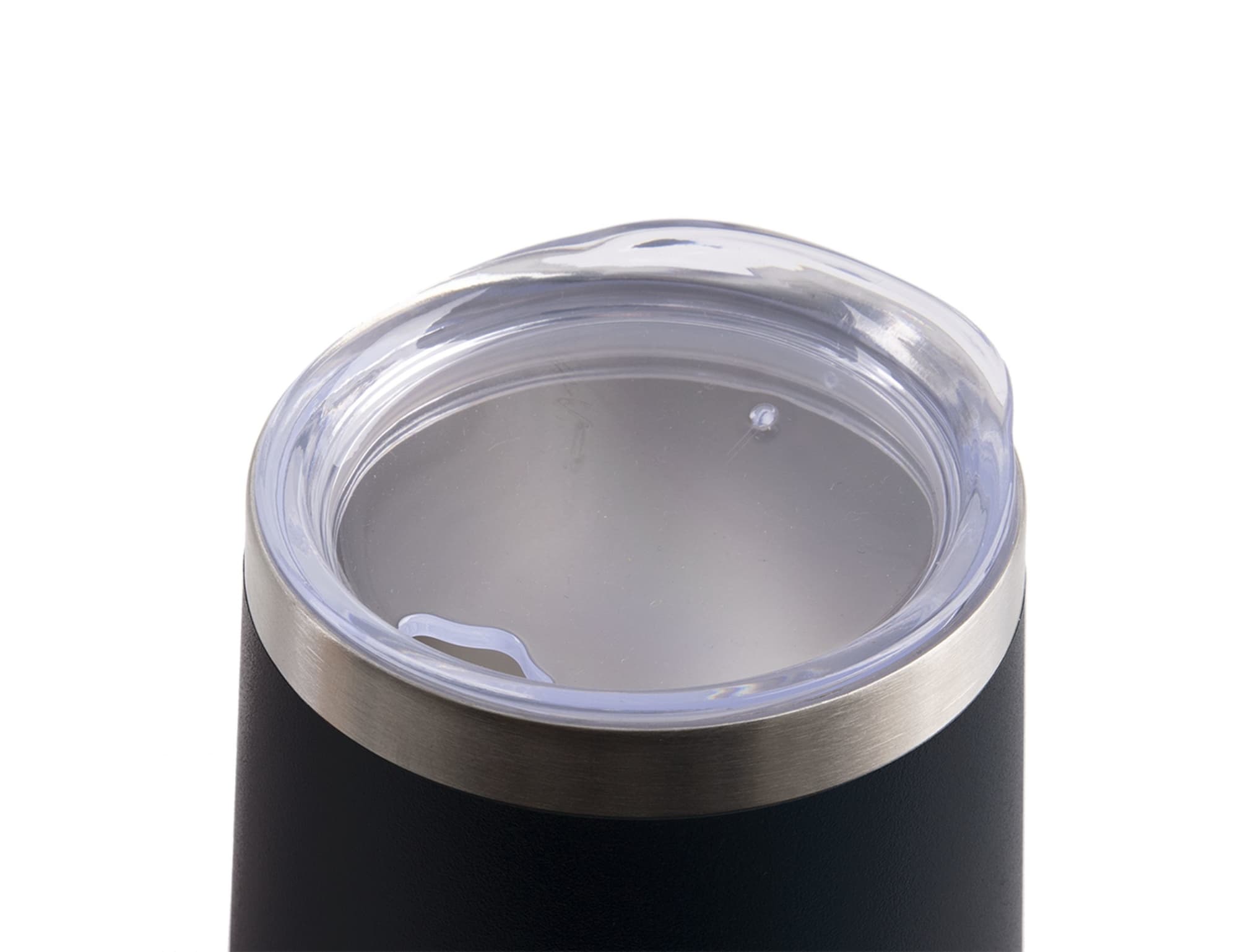A drink bottle features a stainless steel rim and a transparent lid, showcasing a sleek black design.