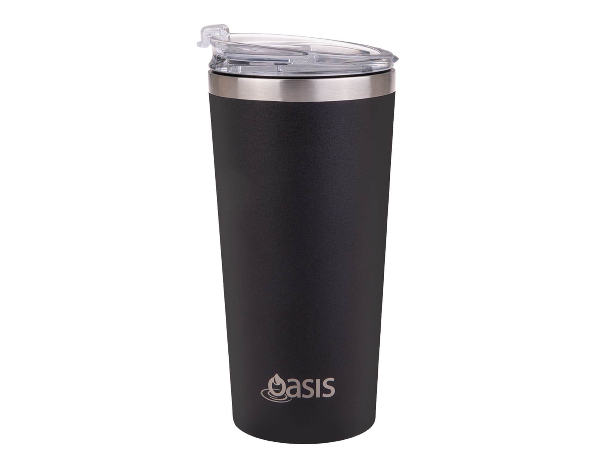 A drink bottle featuring a sleek black design with a stainless steel rim and a clear lid, includes a logo.
