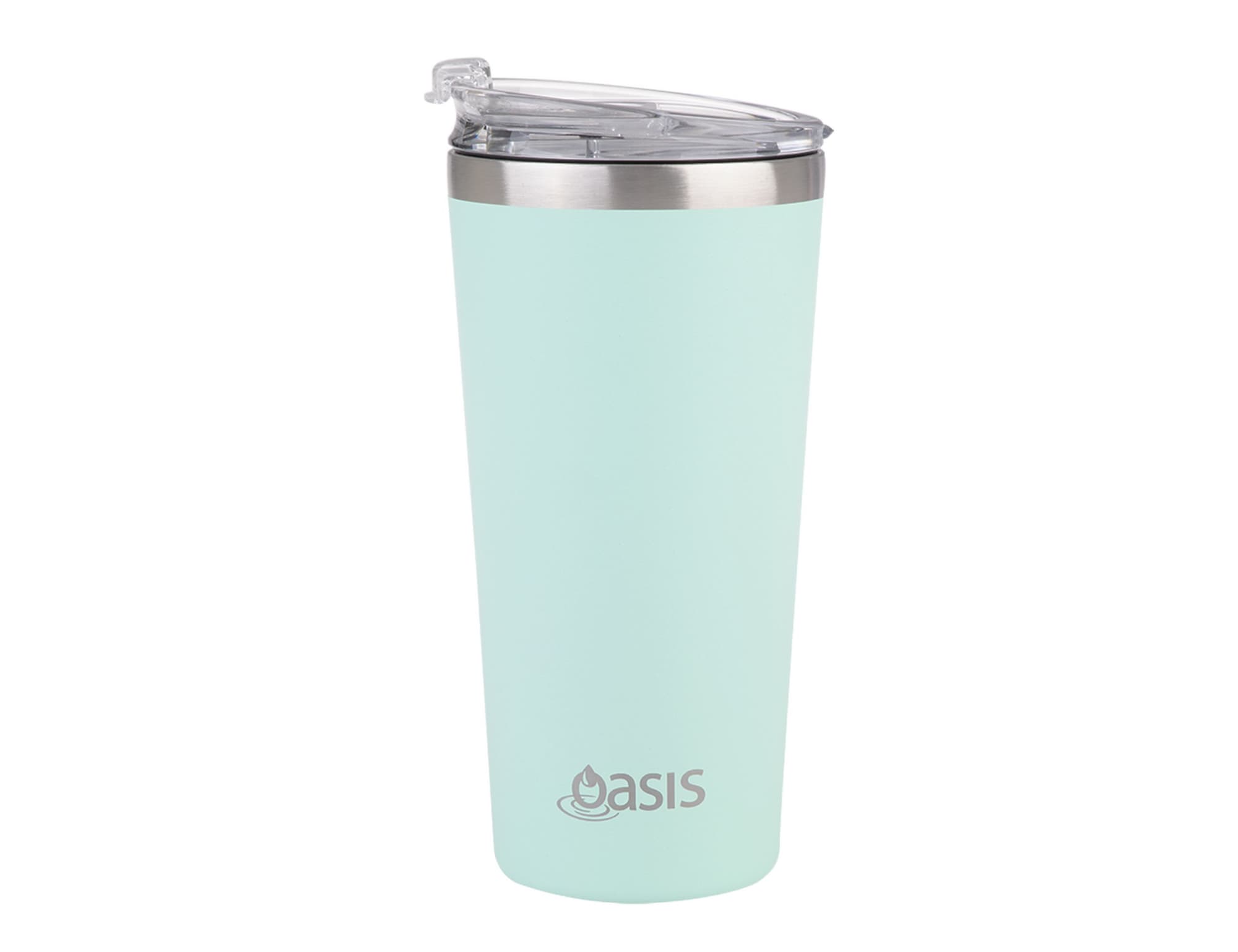 A drink bottle with a mint green exterior and stainless steel lid, featuring a logo on the front.