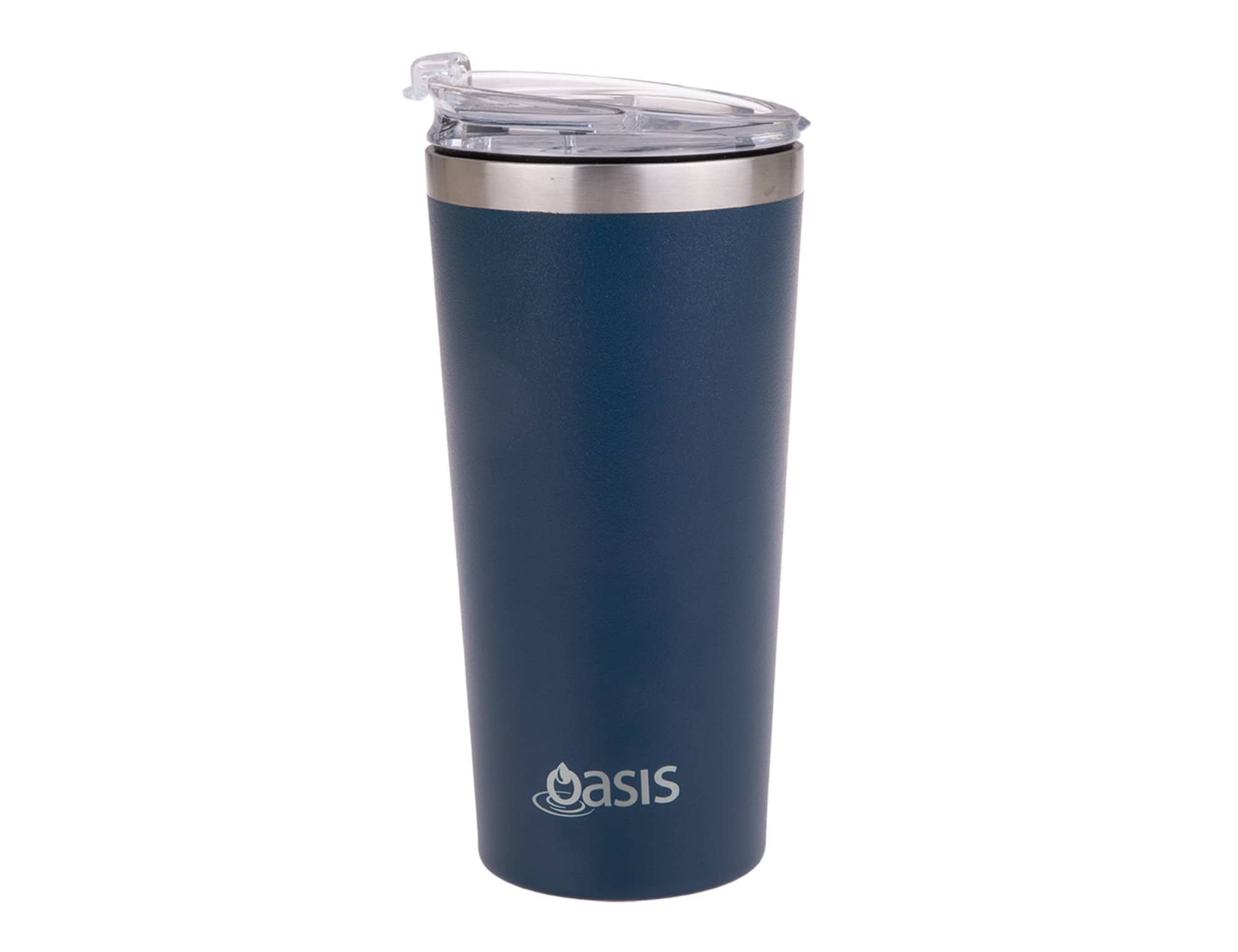 A drink bottle in navy blue with a stainless steel rim and a clear lid, featuring a logo.