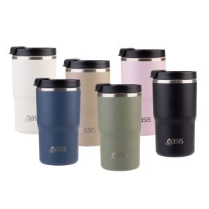 A drink bottle collection featuring six Oasis 480ml vacuum travel mugs in cream, beige, navy, olive, pink, and black.