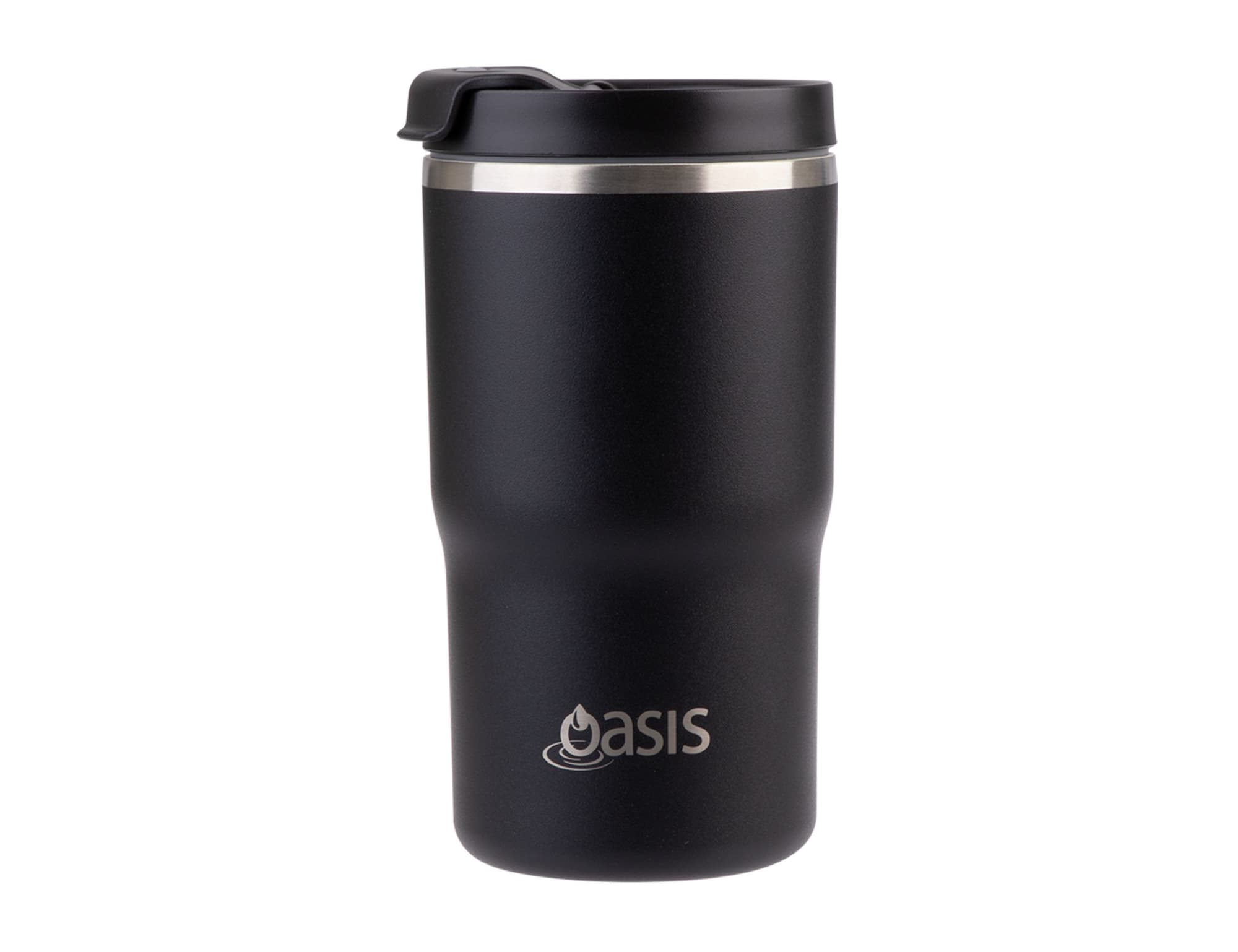 A drink bottle in matte black with a stainless steel band and a branded logo. 480ml capacity, vacuum insulated design.