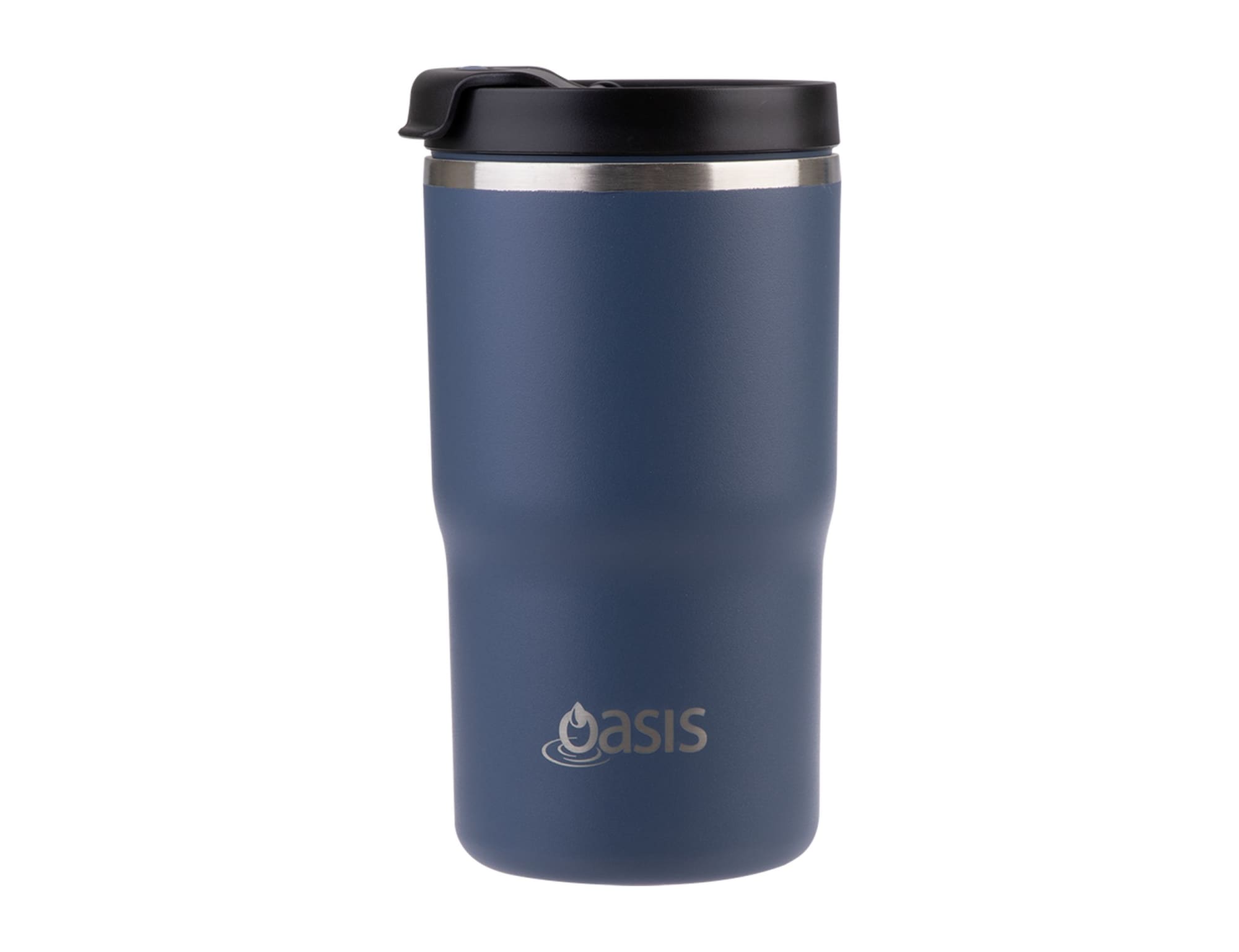 A drink bottle featuring a navy blue exterior and a black lid, with a logo on the front.