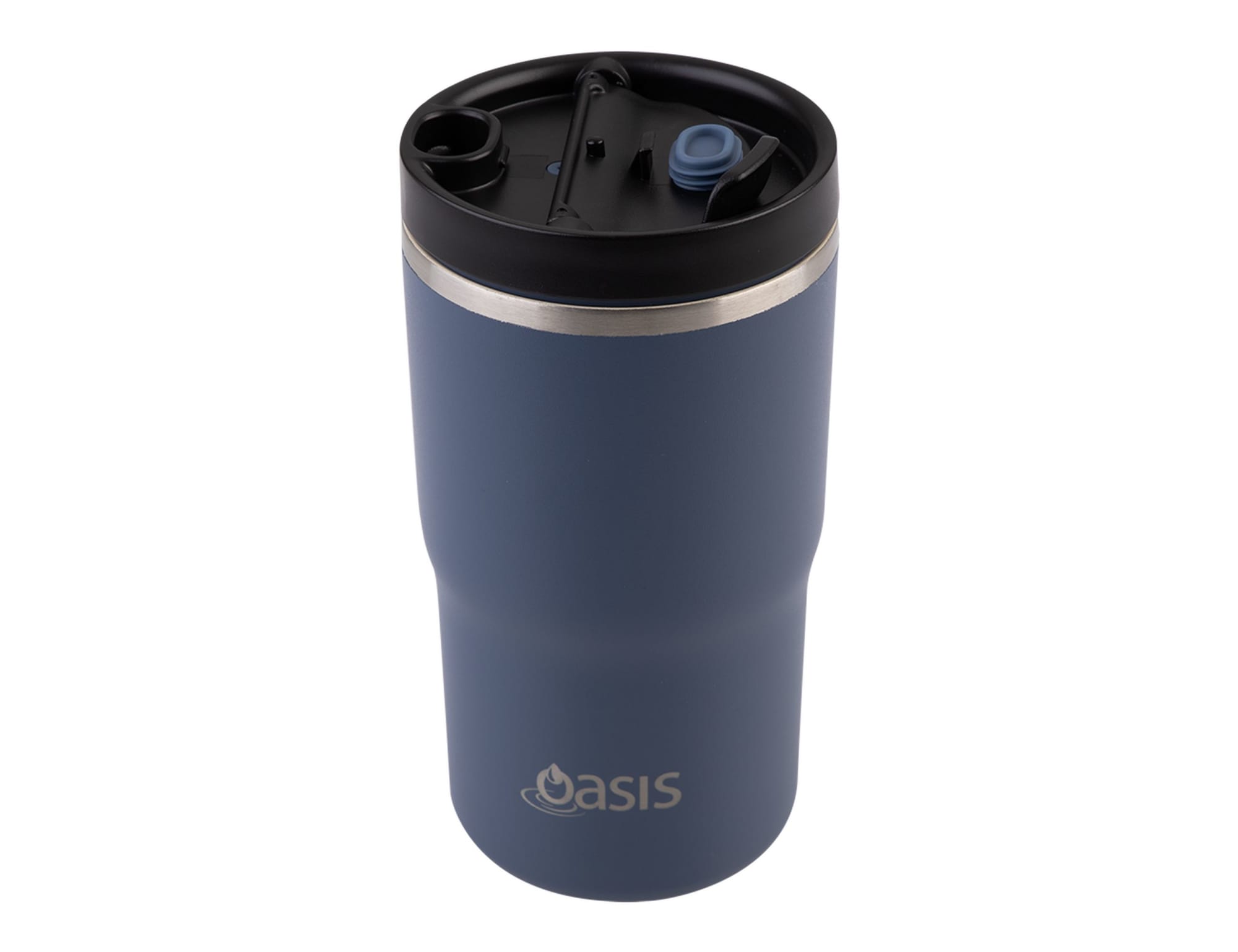 A drink bottle in navy blue with a black lid and a logo. It features a wide mouth and a drinking spout.
