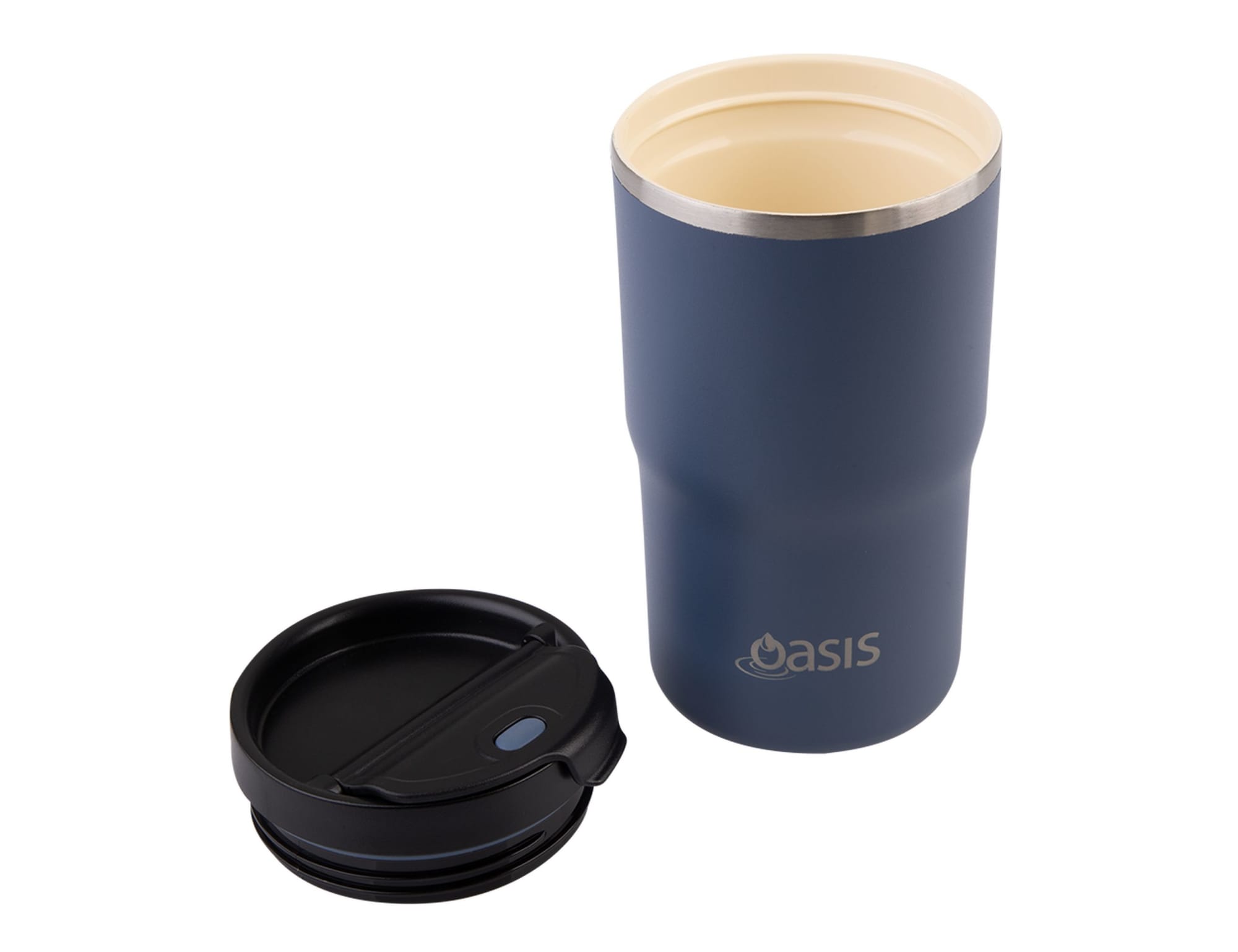 A drink bottle in navy blue with a stainless steel inner and a black lid. It features a logo.