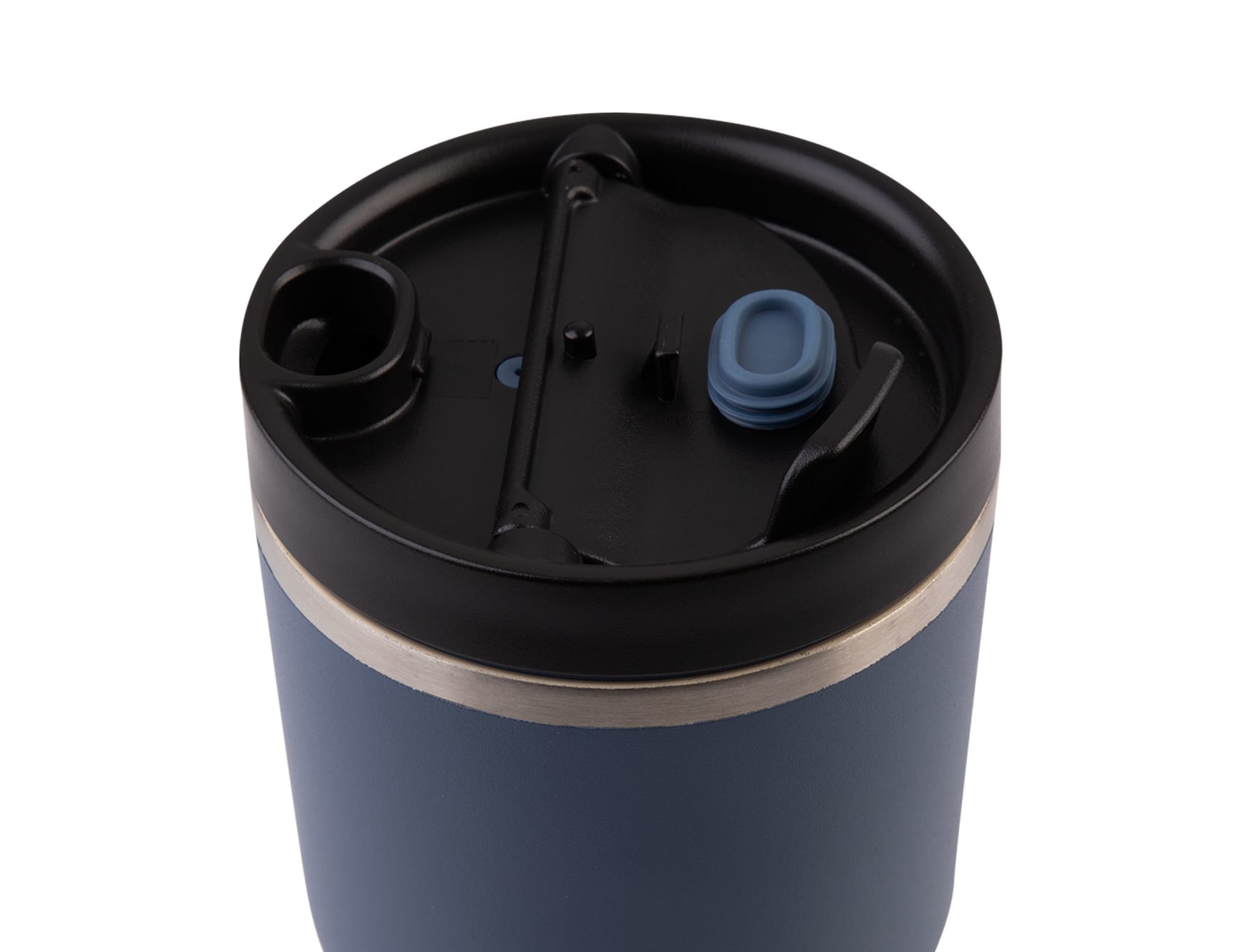 A drink bottle with a blue exterior, black lid, and a straw opening, featuring a logo on the surface.