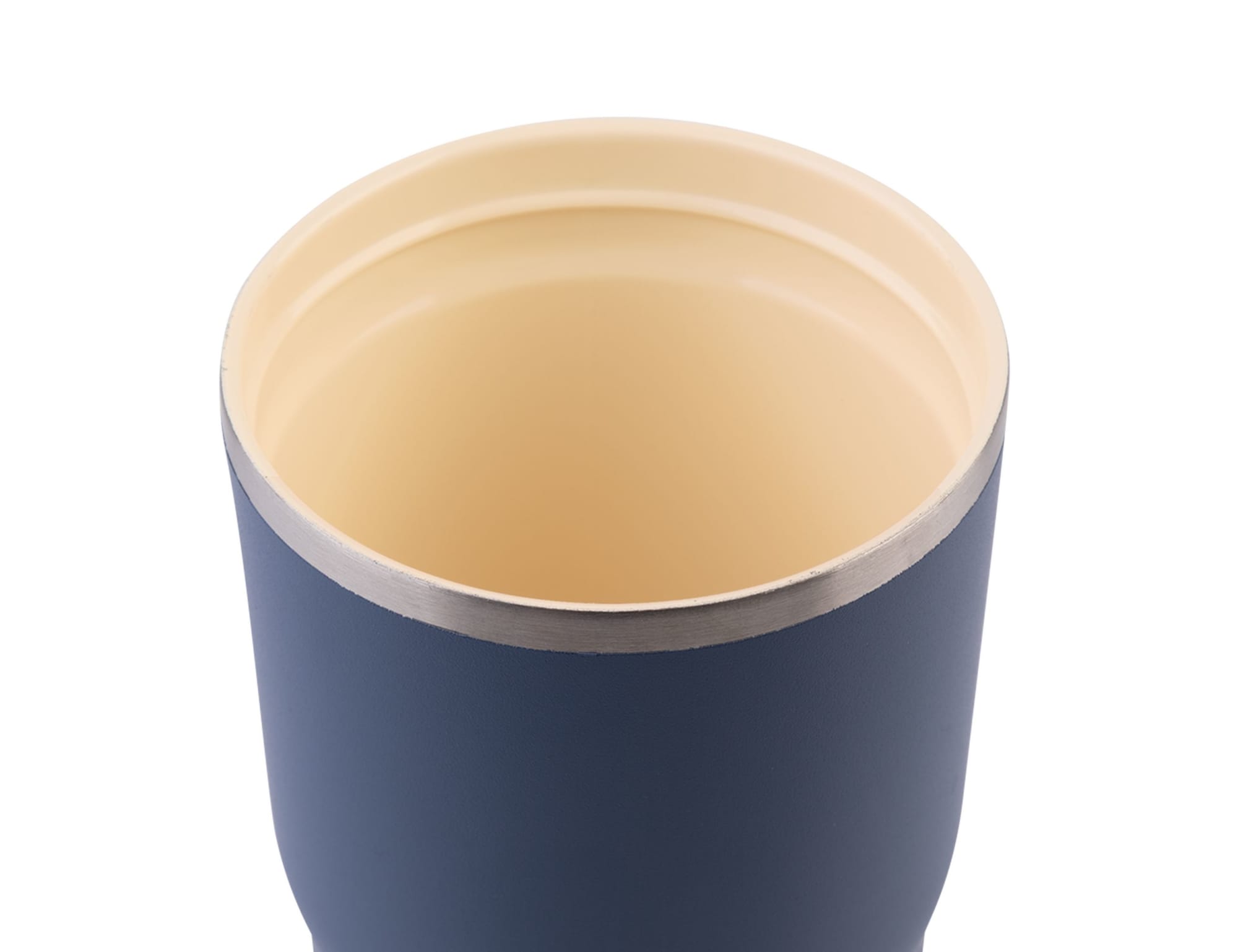 A drink bottle featuring a navy exterior and a cream interior, with a stainless steel rim and a logo.