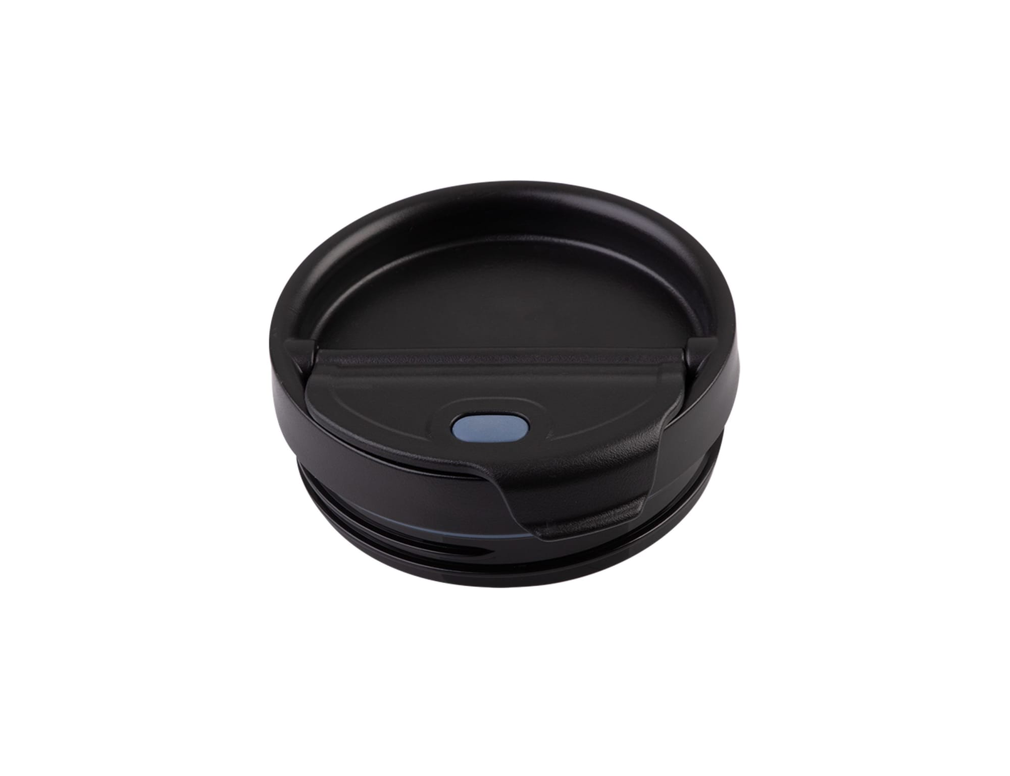 A drink bottle lid in black with a blue button, featuring a smooth, rounded design and a threaded base.