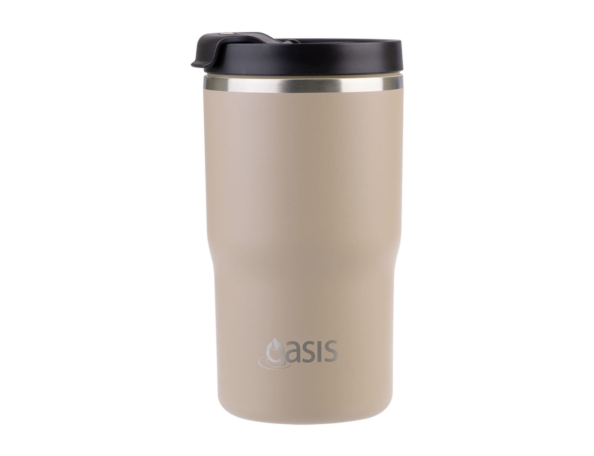 A drink bottle in a light beige colour with a silver band and black lid, featuring a logo.