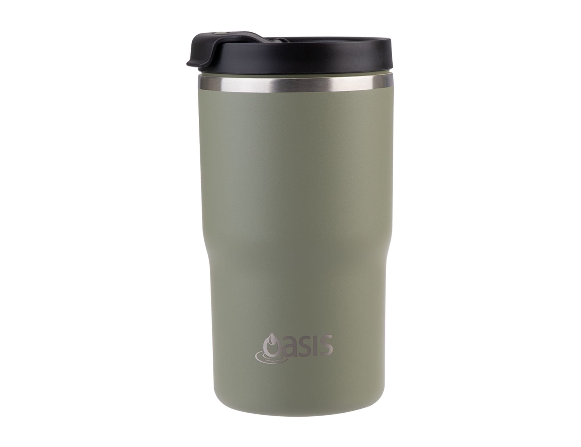 A drink bottle in olive green with a stainless steel band and a black lid, featuring a logo.