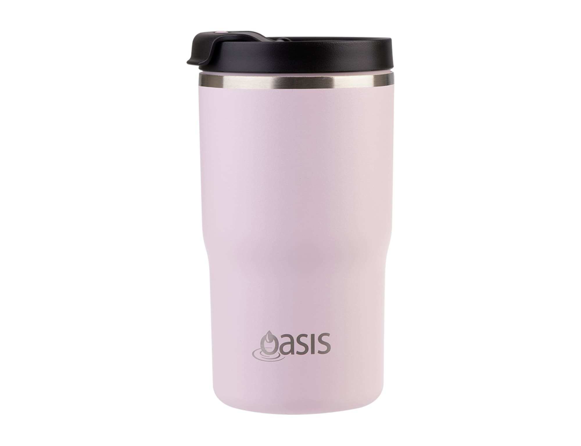 A drink bottle featuring a light pink finish, stainless steel interior, and a black lid with a branding logo.