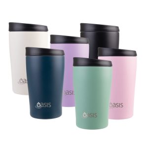 A drink bottle collection featuring six vacuum travel mugs in various colours: white, black, navy, purple, pink, and green.