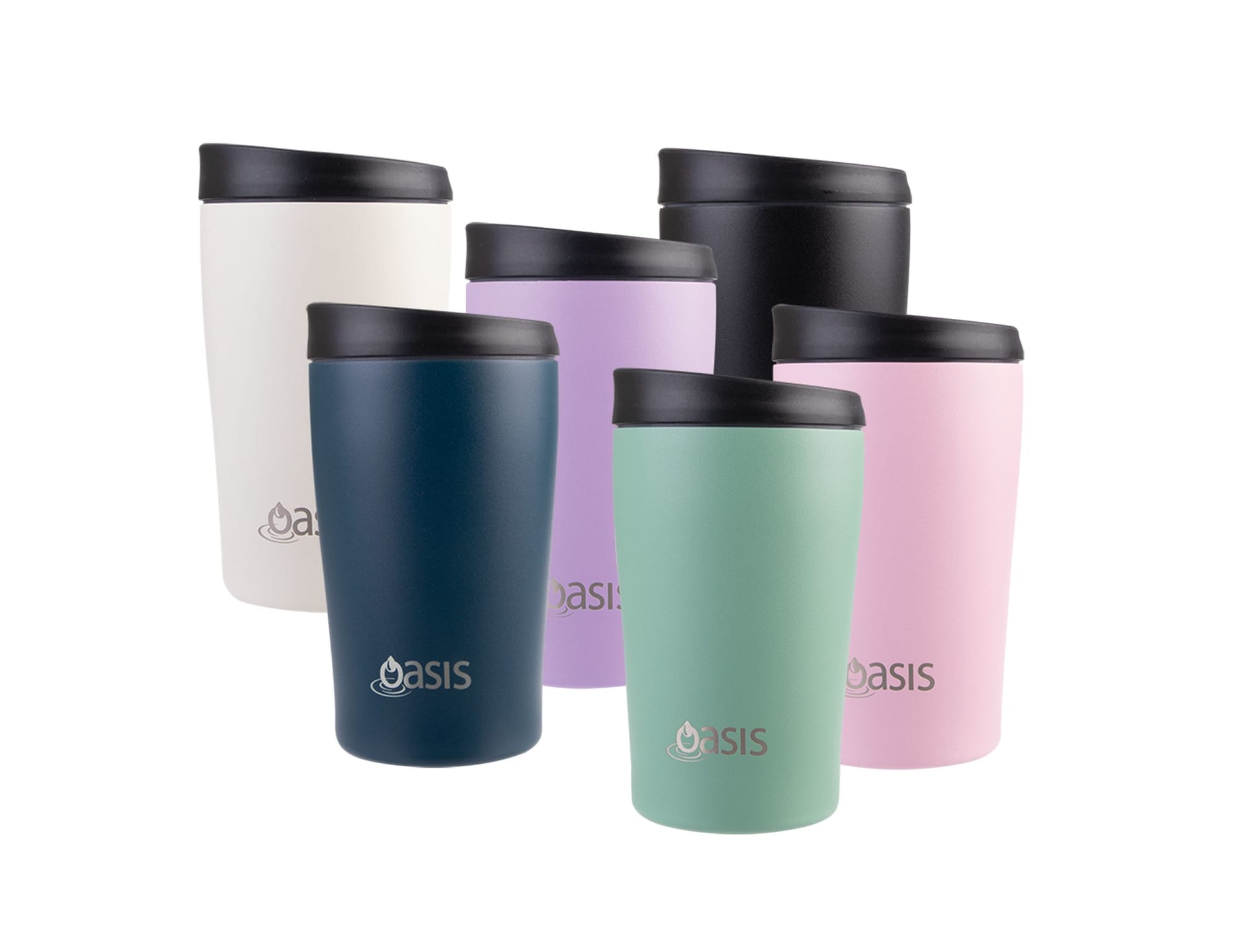 A drink bottle collection featuring six vacuum travel mugs in various colours: white, black, navy, purple, pink, and green.