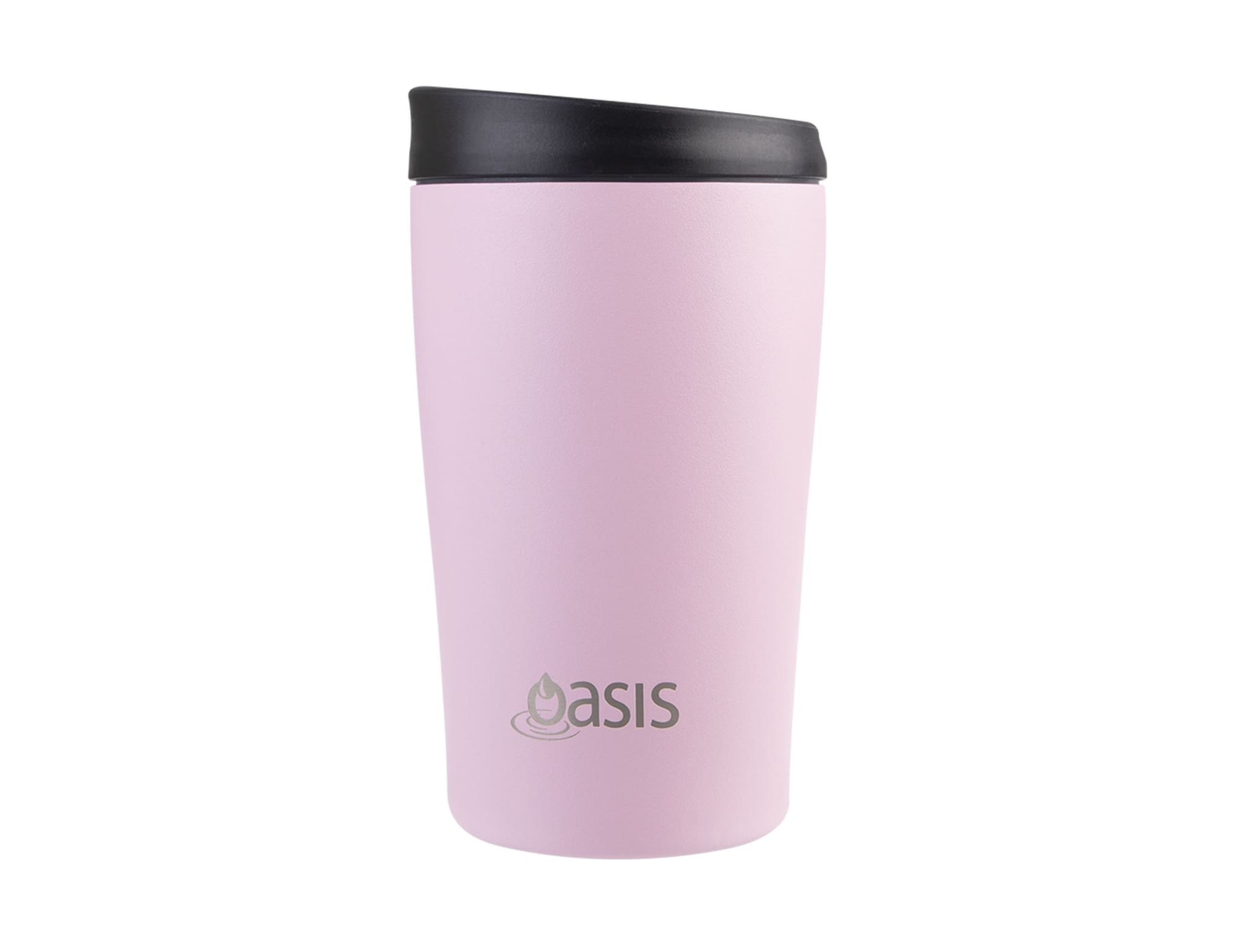 A drink bottle in a soft pink colour with a black lid and a logo.