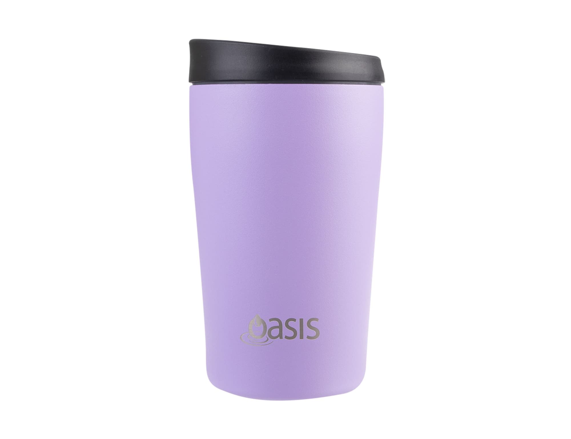 A drink bottle in a light purple colour with a black lid and a logo on the side.