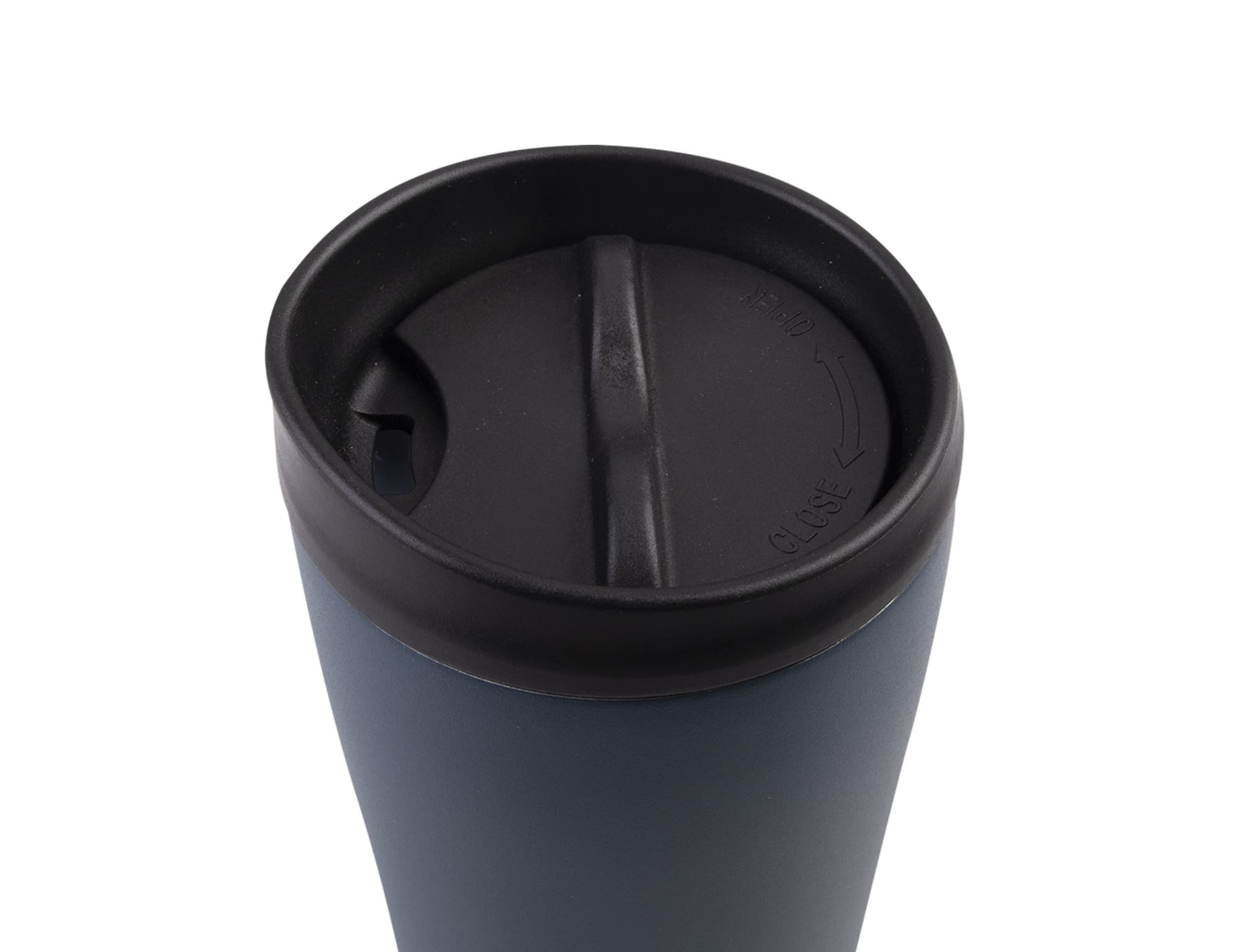 A drink bottle featuring a dark blue body and a black lid with a drinking spout and a logo.