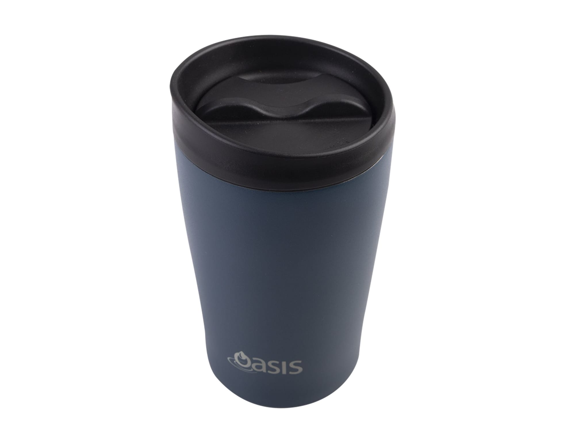 A drink bottle with a curved design in matte navy blue and a black lid, featuring a logo on the side.
