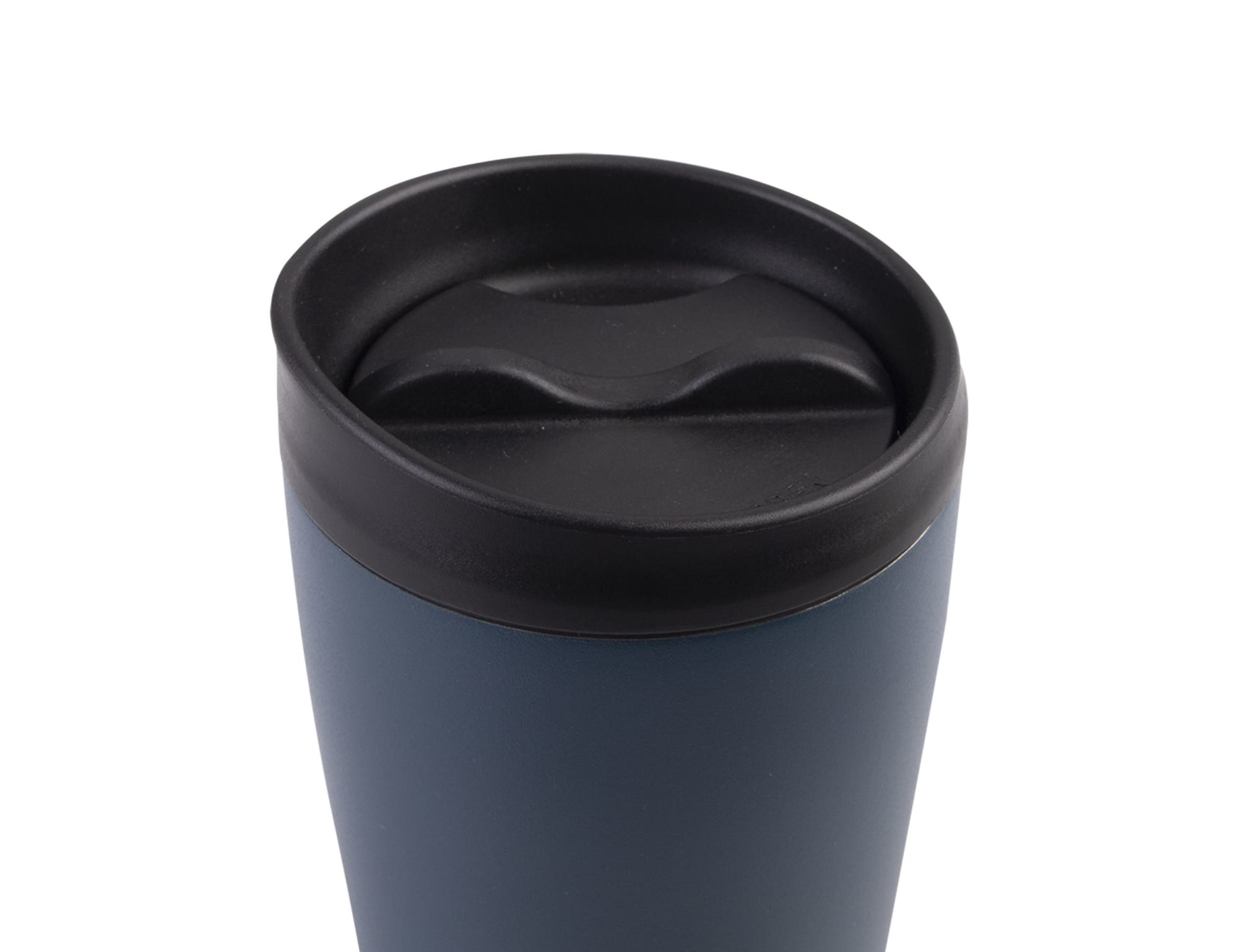 A drink bottle featuring a dark blue exterior and a black lid with a smooth, curved opening. It has a logo.