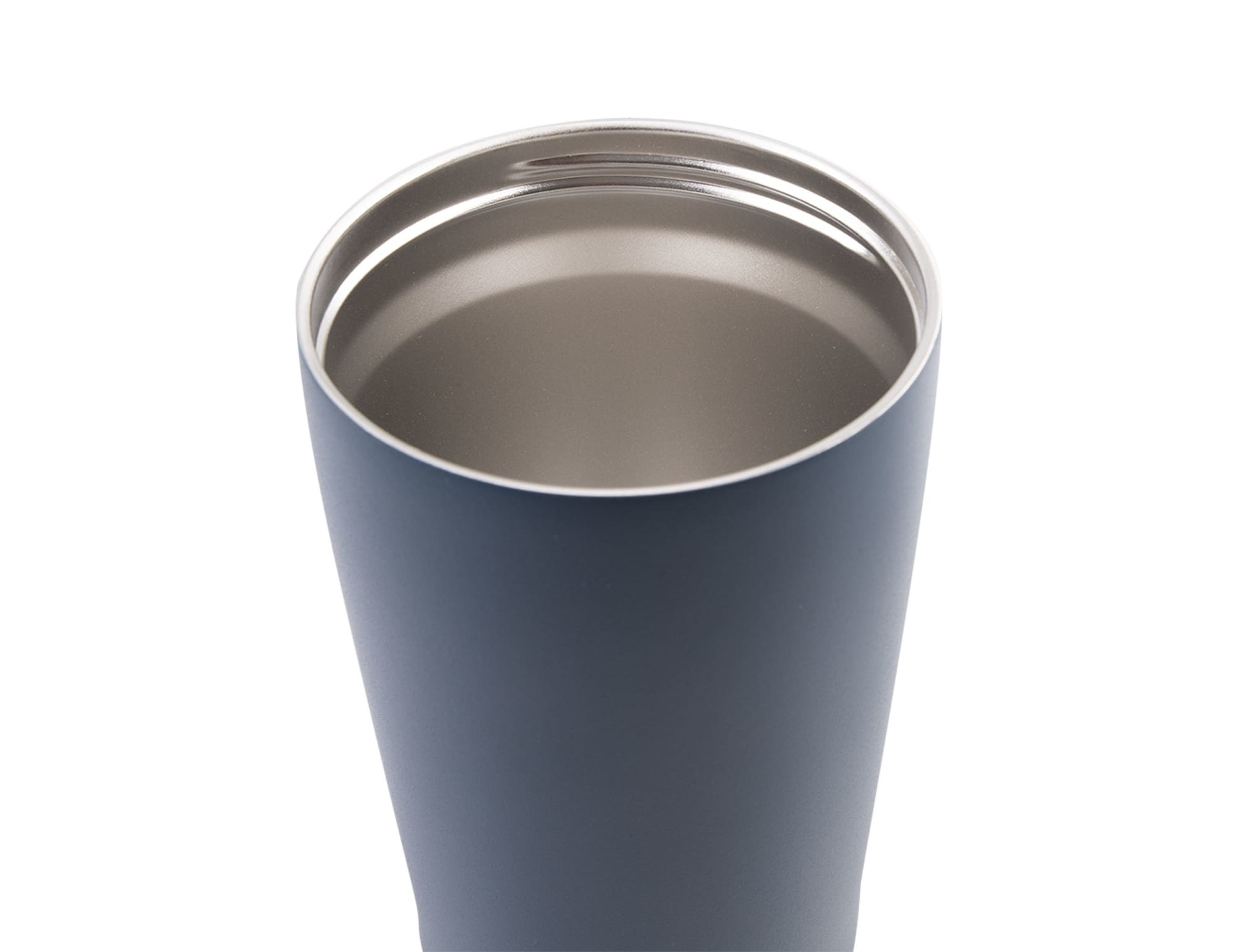 A drink bottle featuring a navy exterior and a stainless steel interior, with a logo on the surface.